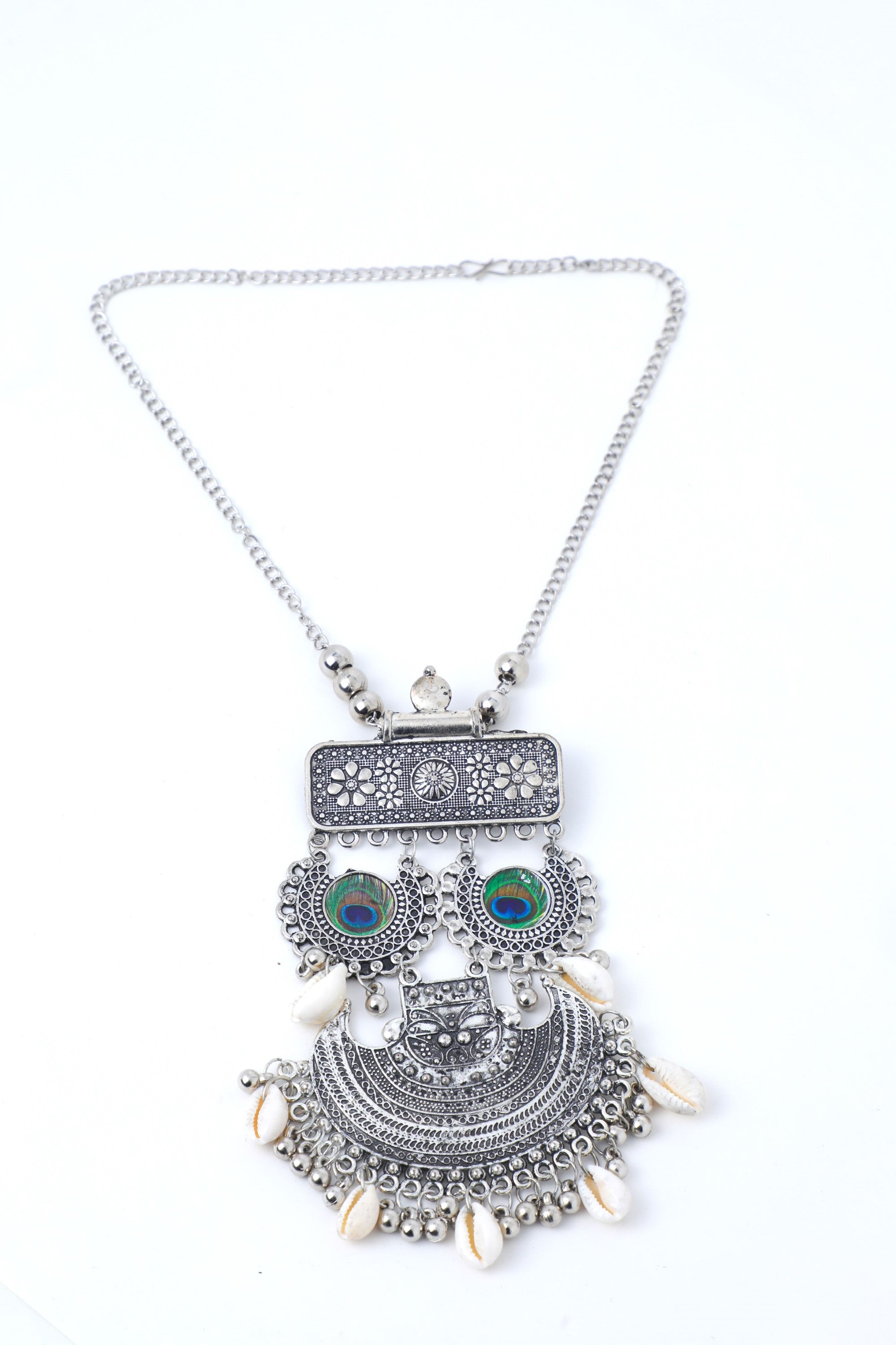 Women's Oxidised Silver Plated Peacock Feather And Shell Jewellery Set