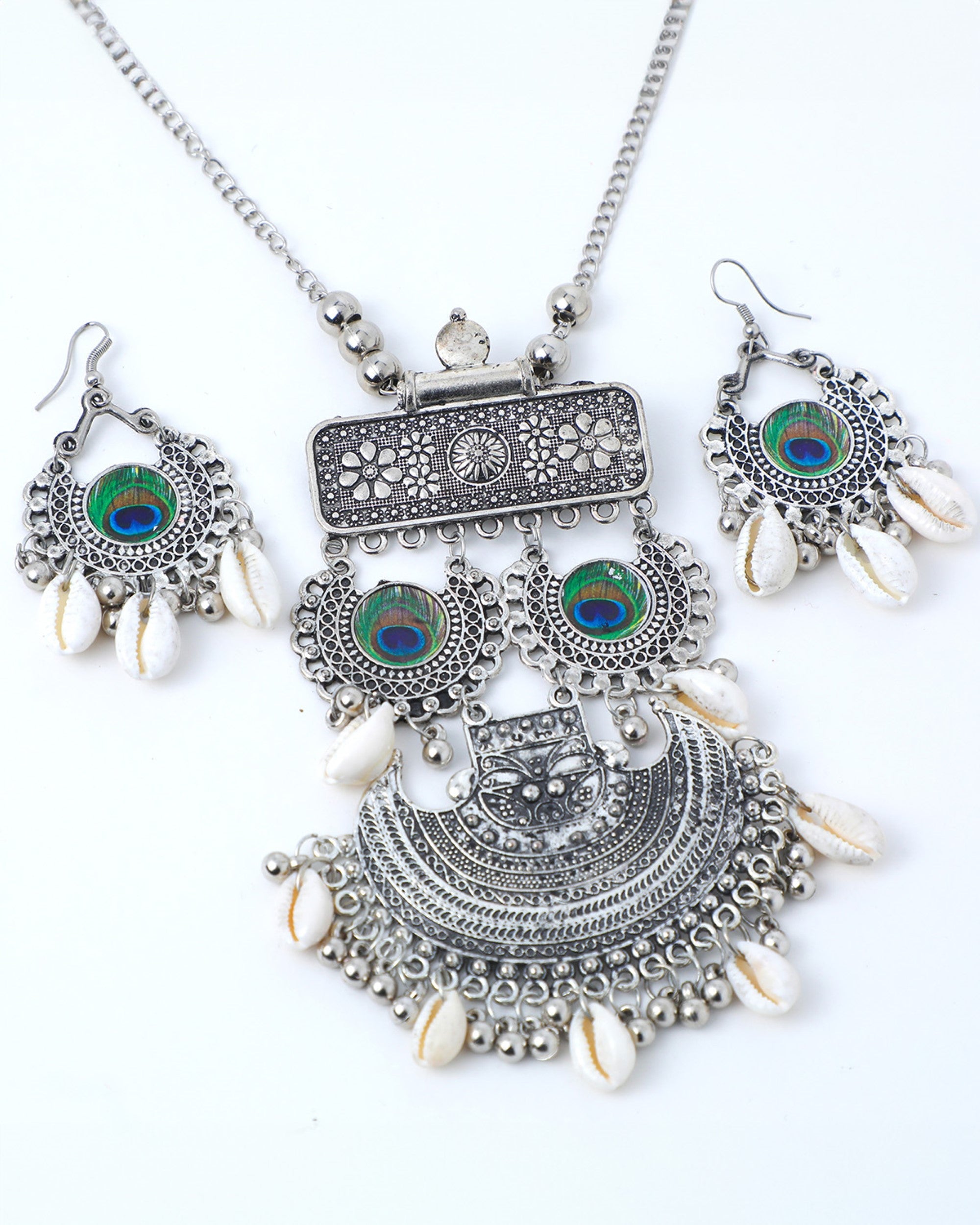 Women's Oxidised Silver Plated Peacock Feather And Shell Jewellery Set