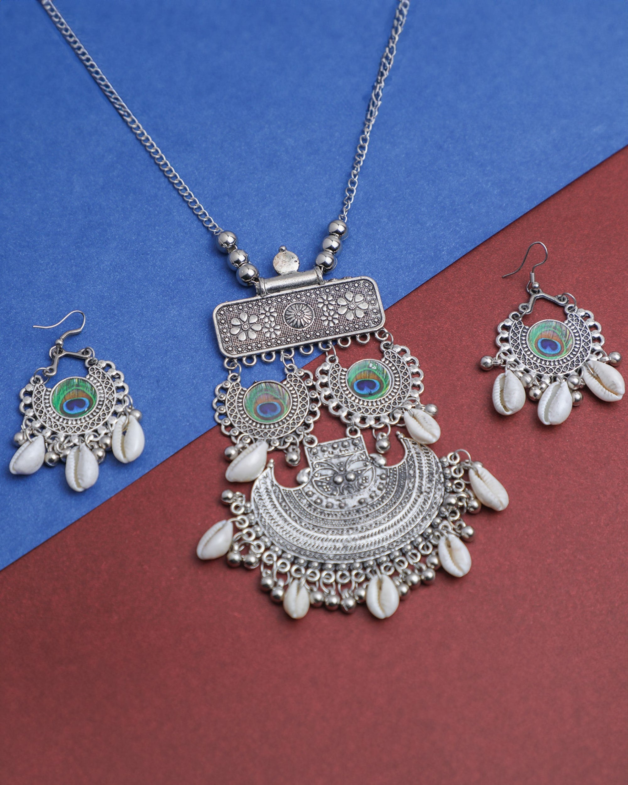 Women's Oxidised Silver Plated Peacock Feather And Shell Jewellery Set