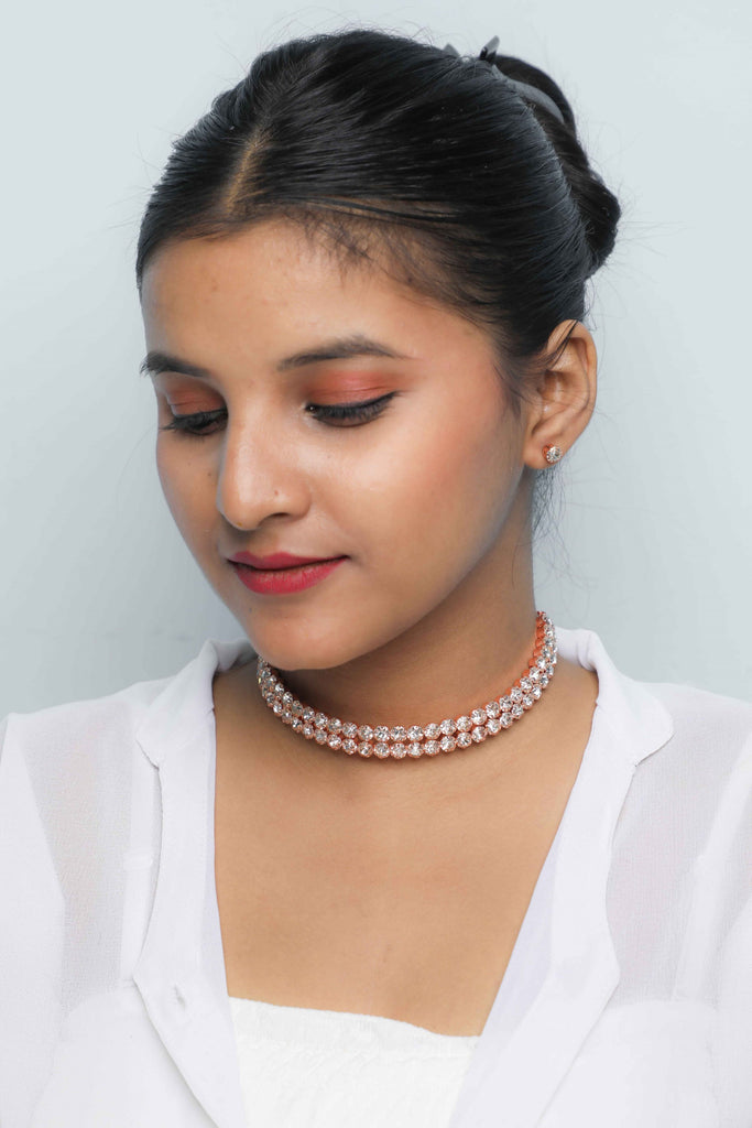 Women's Gold Plated Double Line Stone Studded Choker Jewellery Set