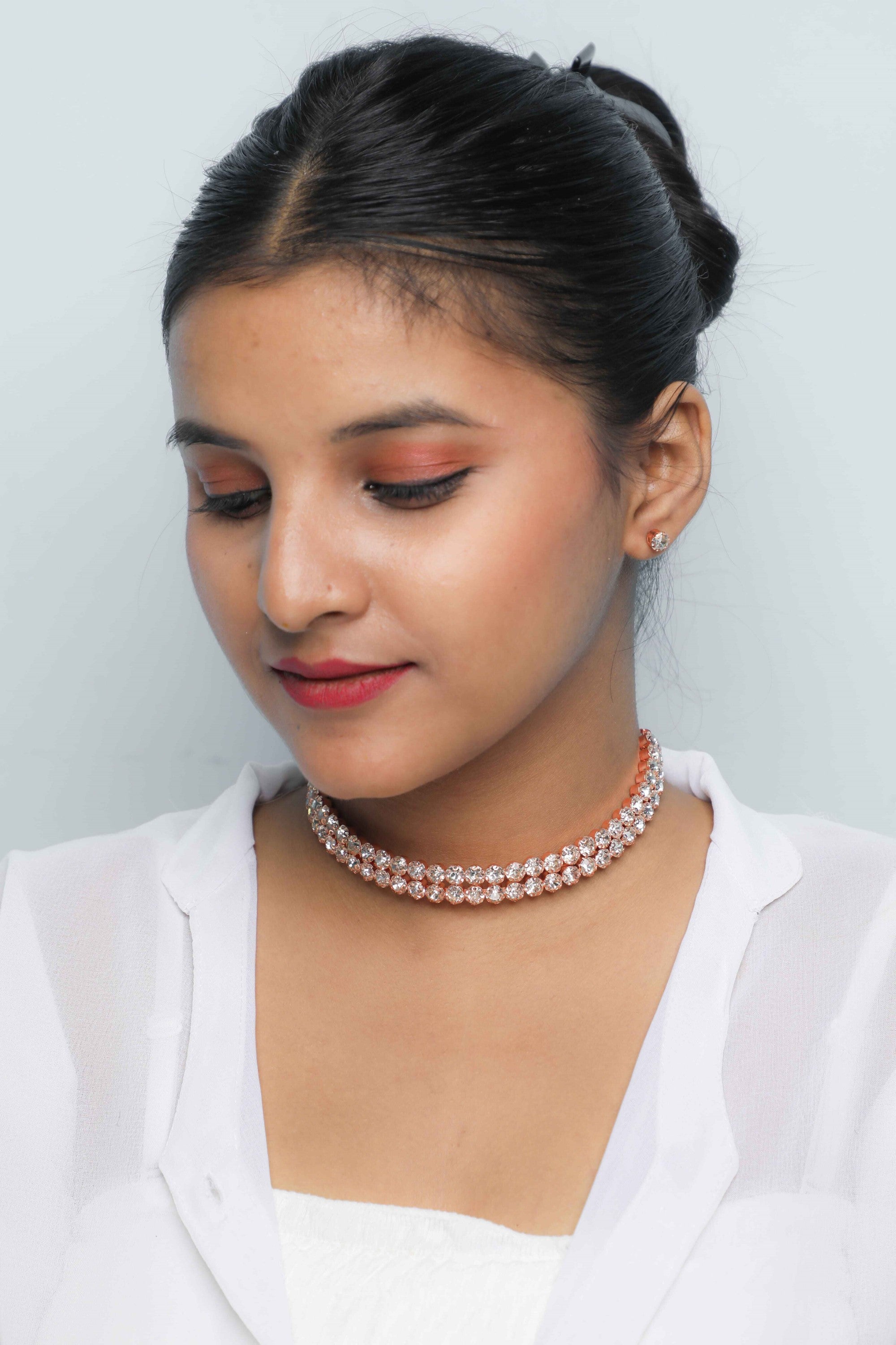 Women's Gold Plated Double Line Stone Studded Choker Jewellery Set
