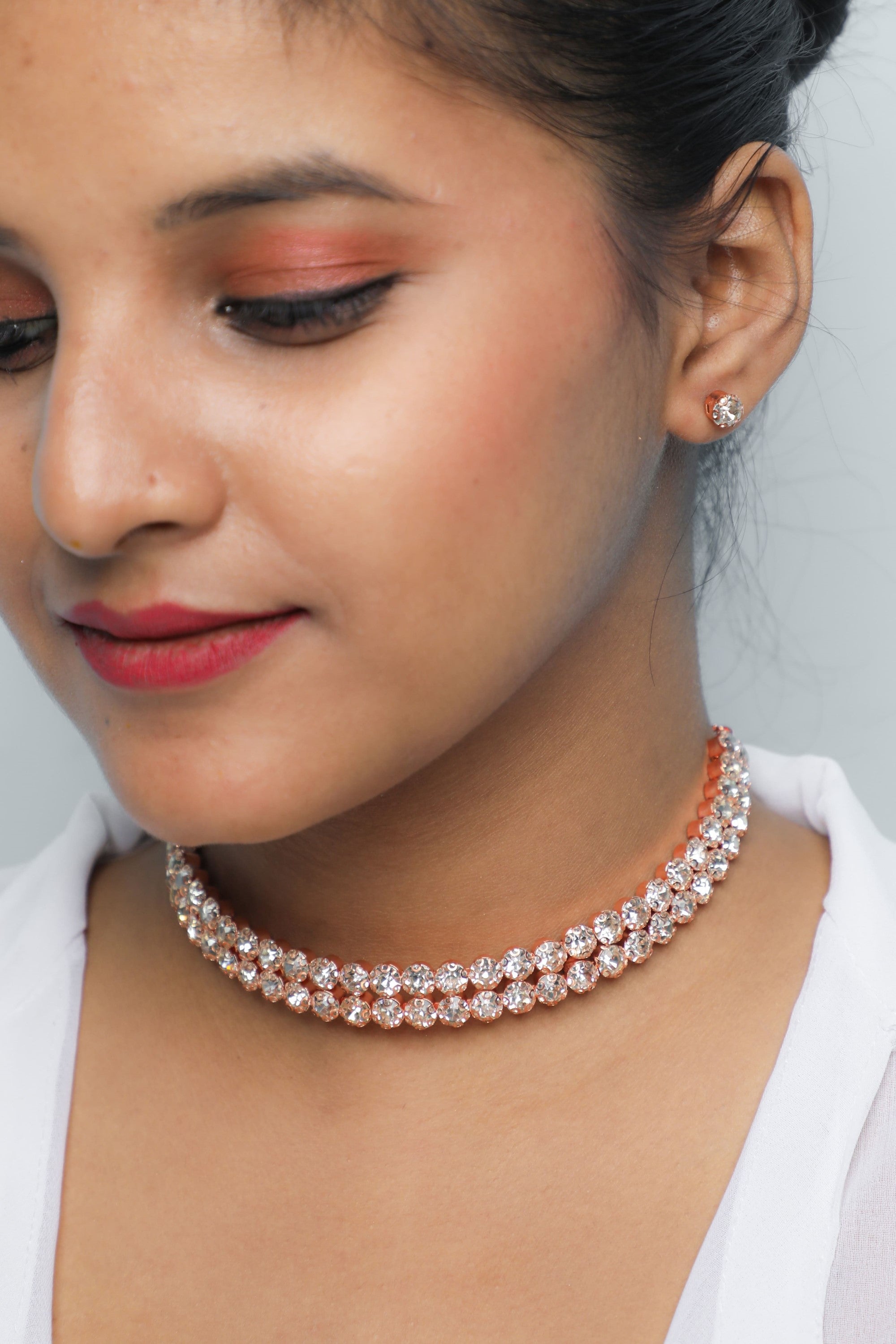 Women's Gold Plated Double Line Stone Studded Choker Jewellery Set
