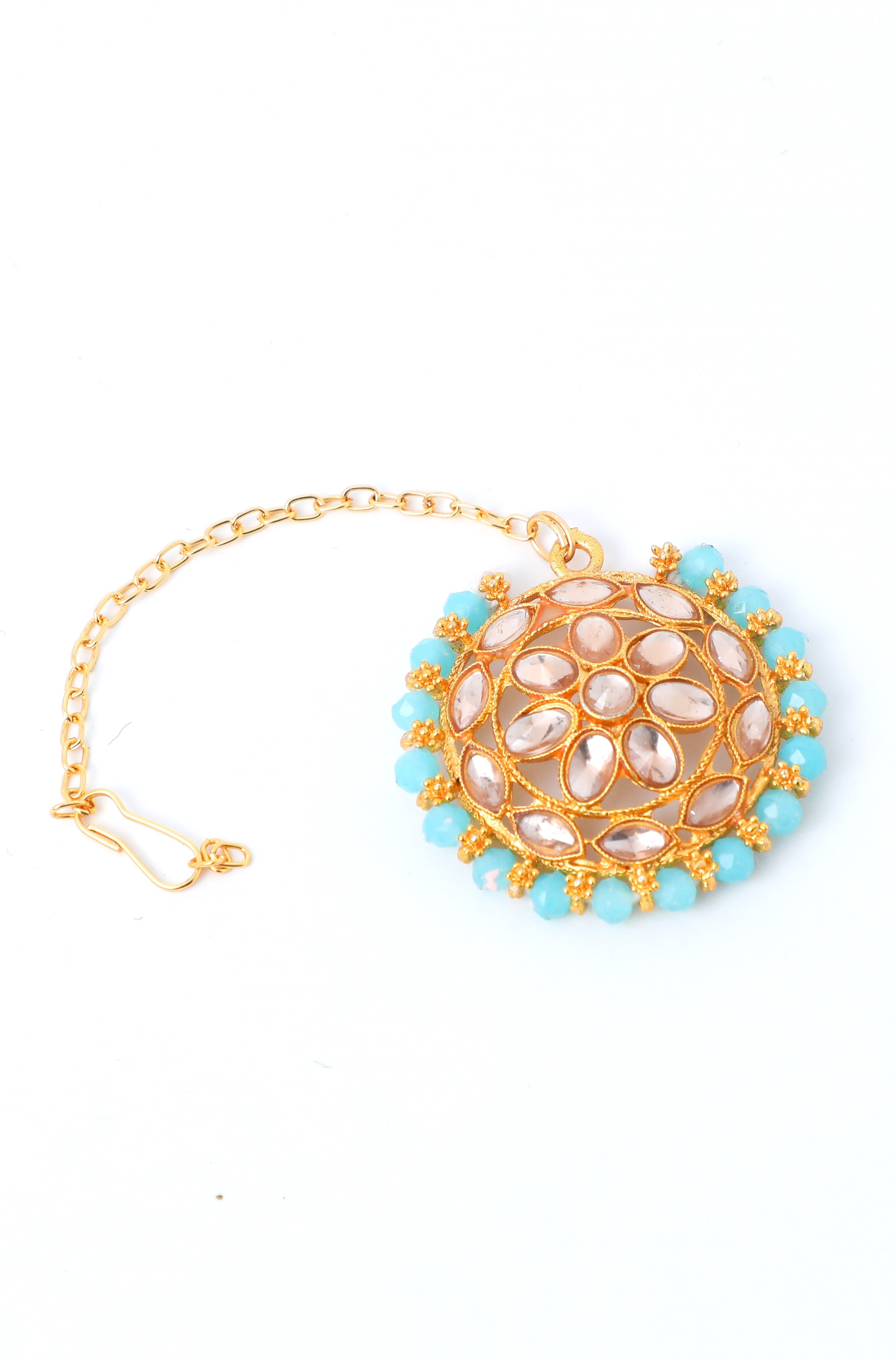 Women's Gold Plated Blue Beads Kundan Choker Jewellery Set With Mang Tikka - Voj