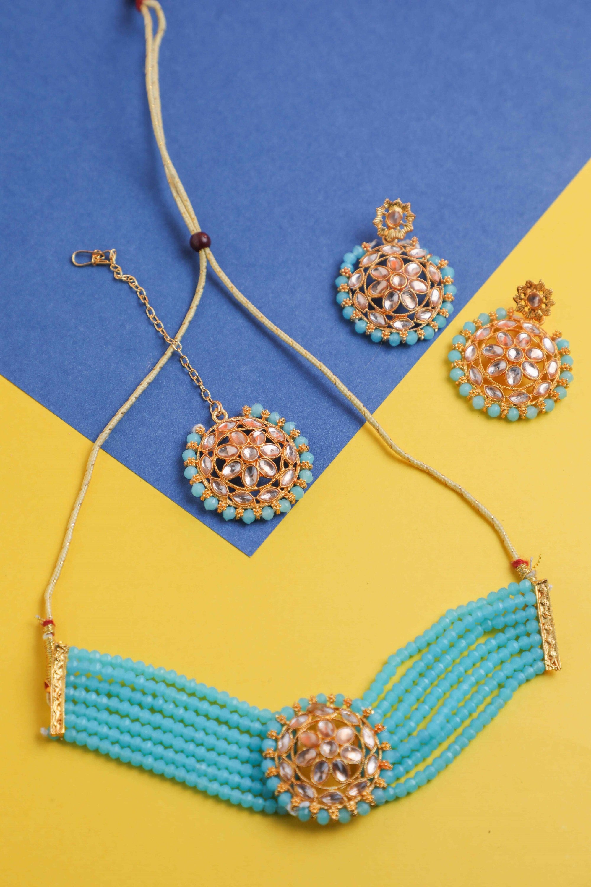 Women's Gold Plated Blue Beads Kundan Choker Jewellery Set With Mang Tikka - Voj