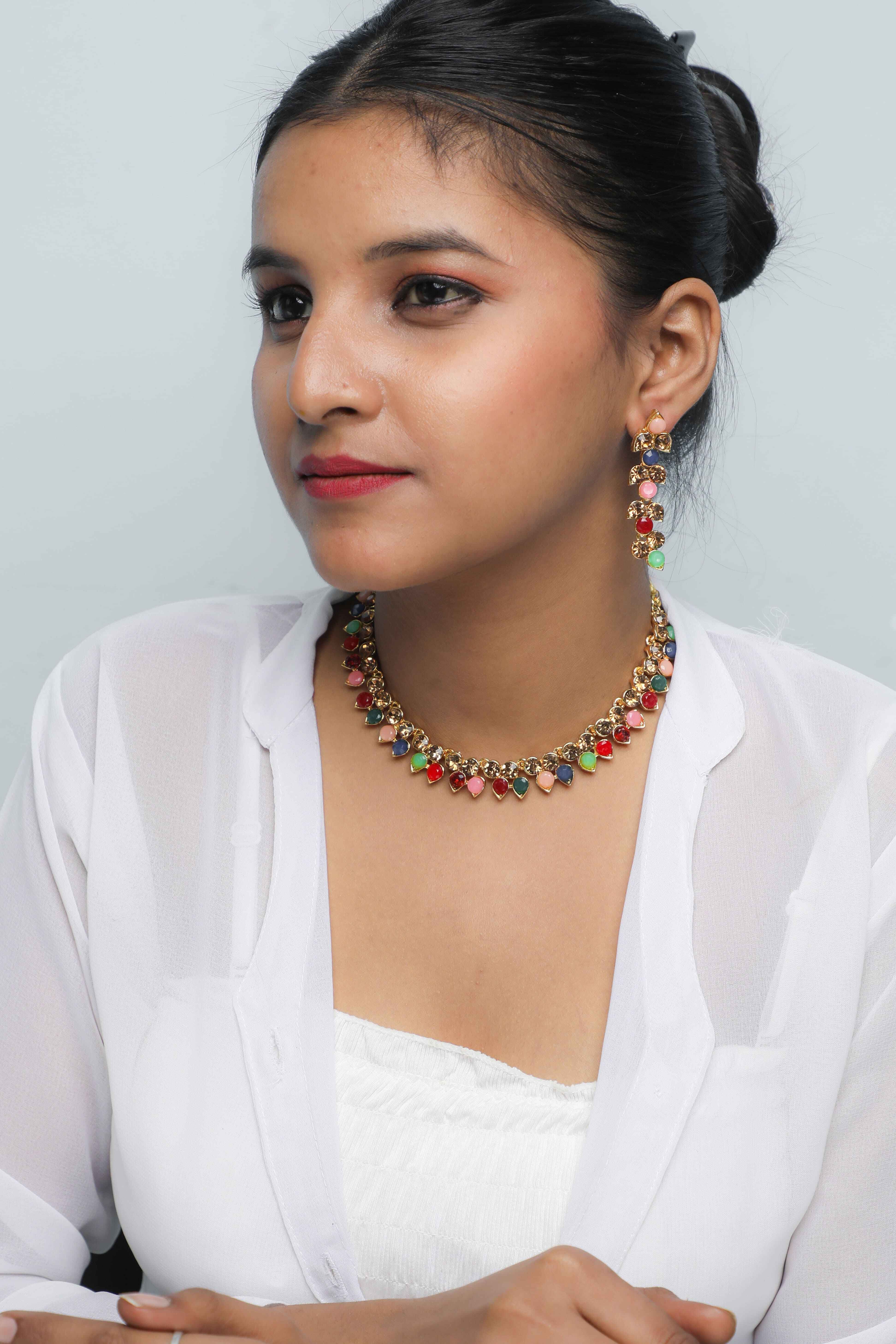Women's Gold Plated Multi Colored Stone Studded Choker Necklace And Earring Set