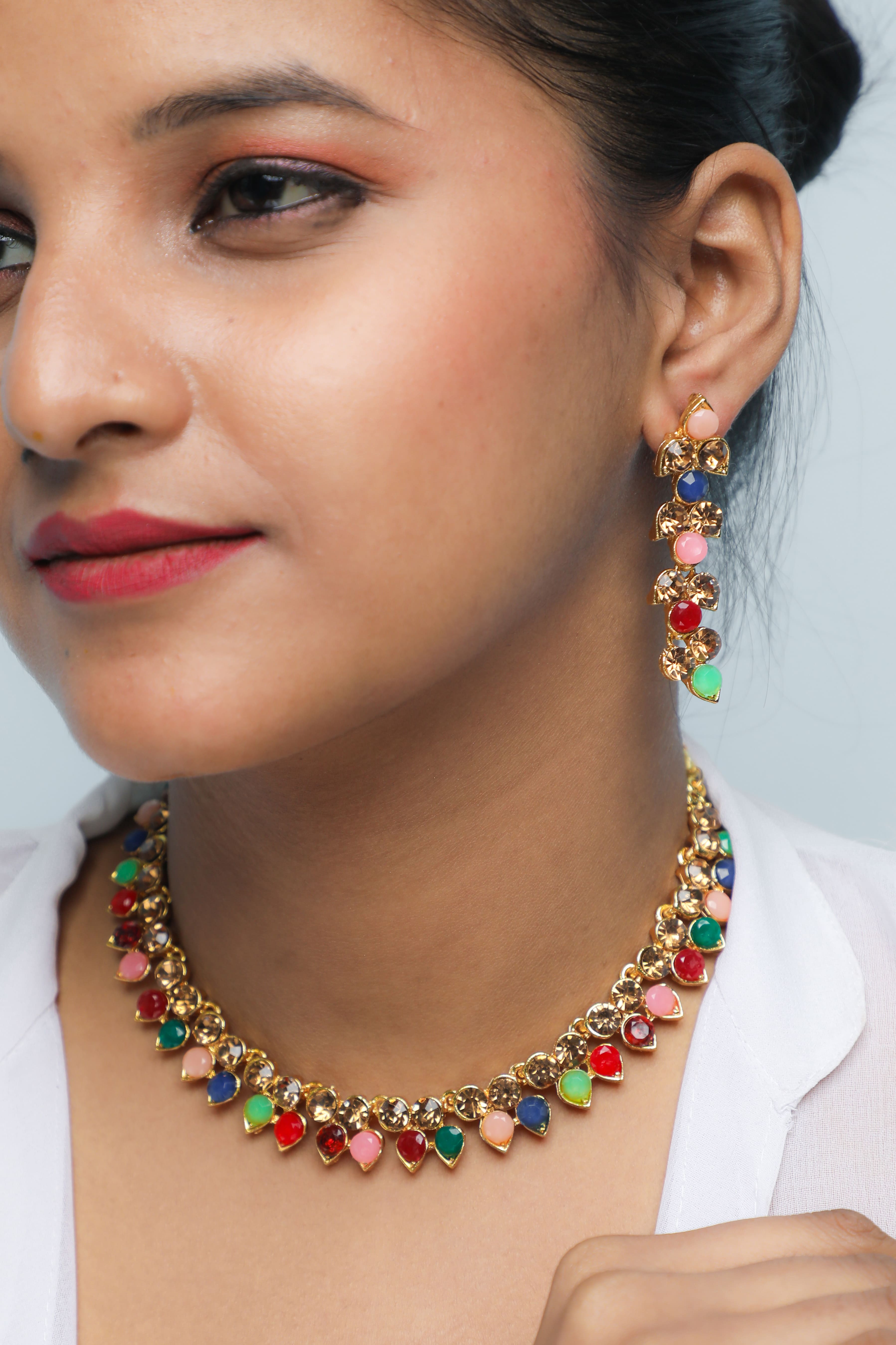 Women's Gold Plated Multi Colored Stone Studded Choker Necklace And Earring Set