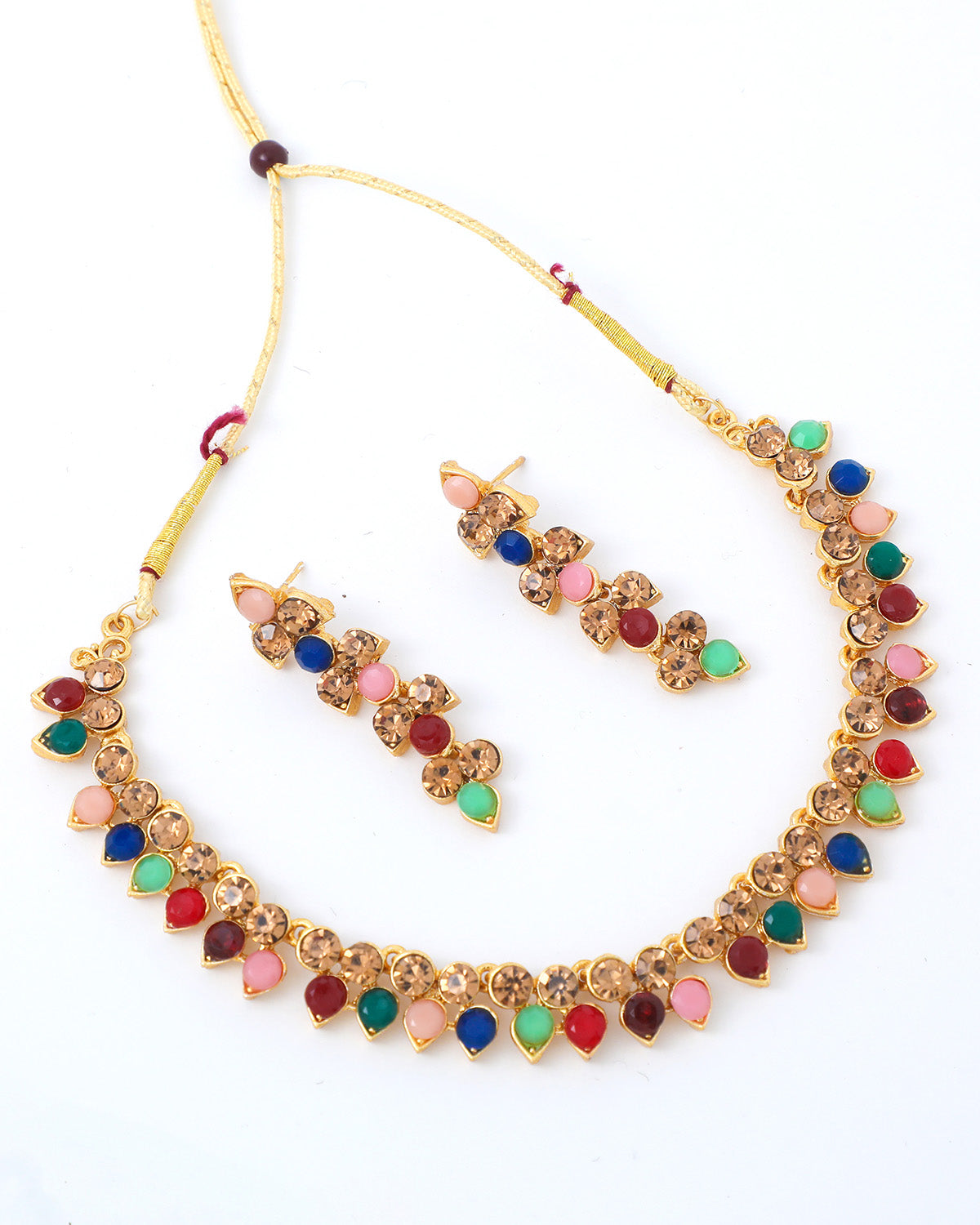Women's Gold Plated Multi Colored Stone Studded Choker Necklace And Earring Set - Voj
