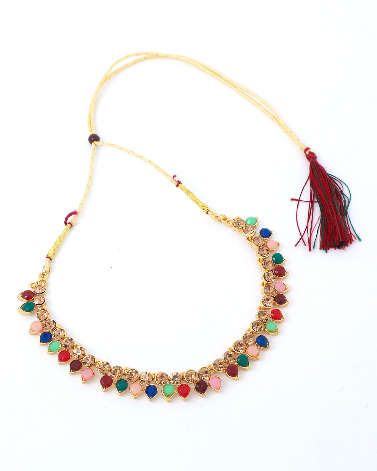 Women's Gold Plated Multi Colored Stone Studded Choker Necklace And Earring Set