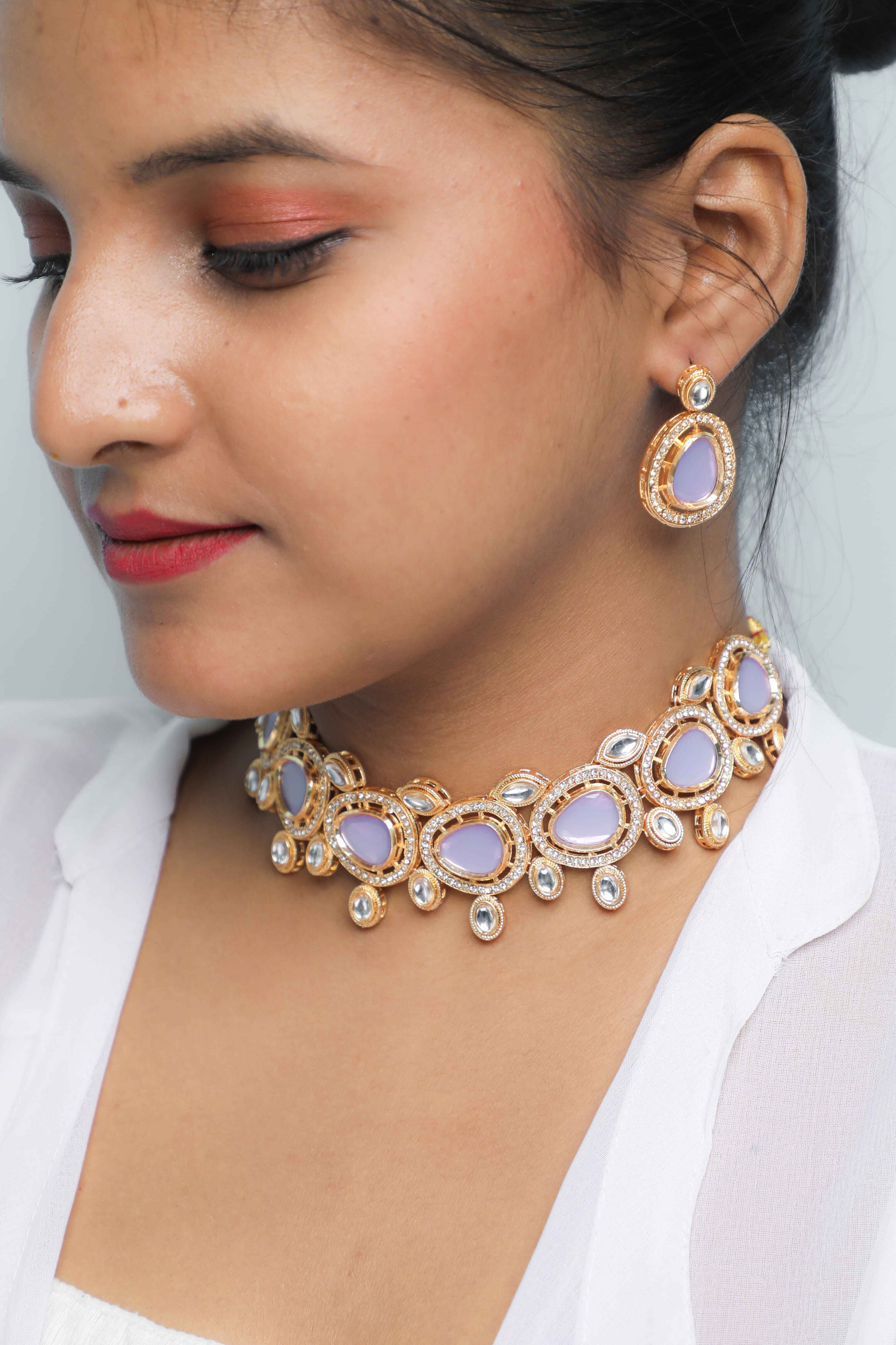 Women's Gold Plated Leavender Color Stone Kundan Studded Choker Jewellery Set - Voj