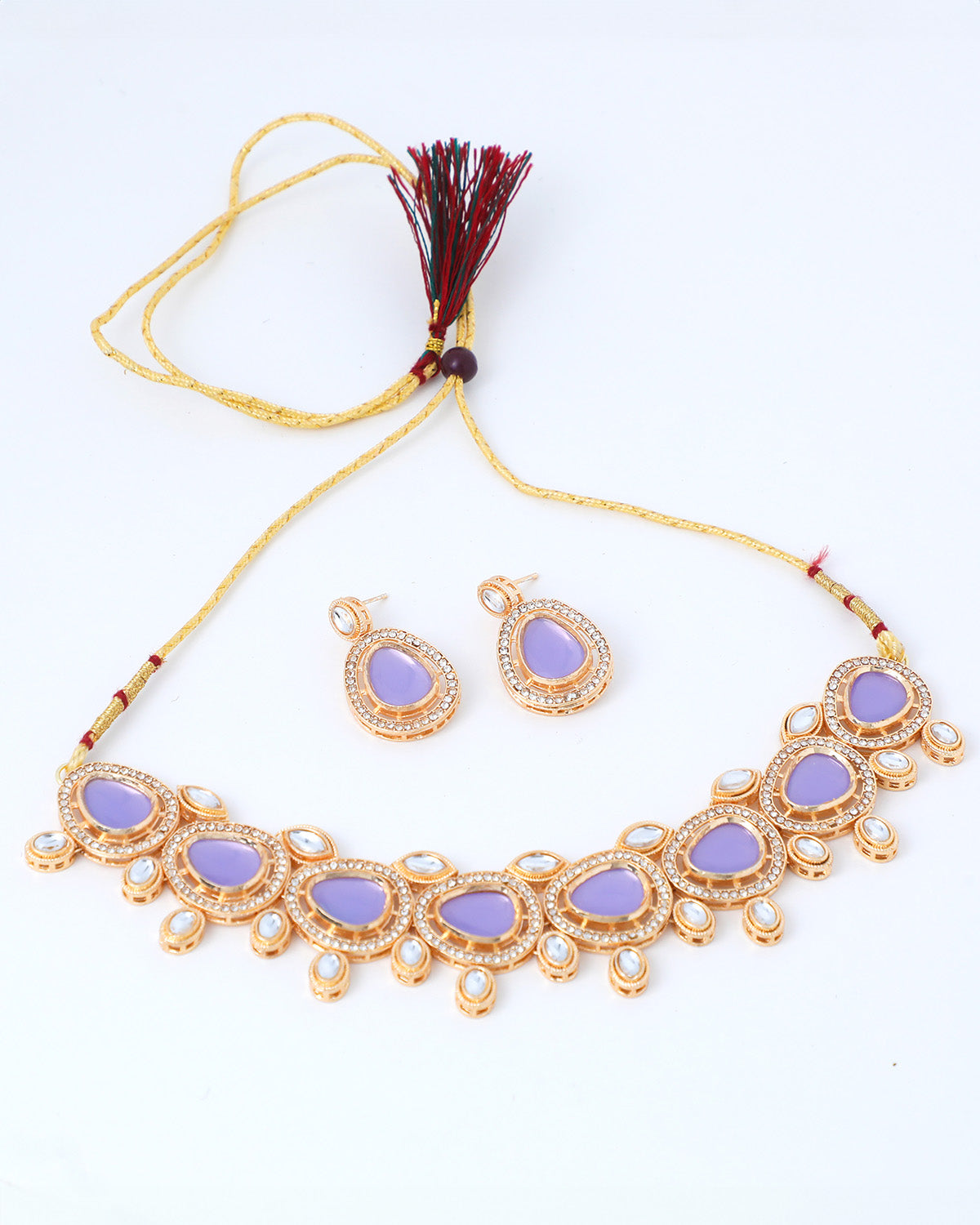 Women's Gold Plated Leavender Color Stone Kundan Studded Choker Jewellery Set