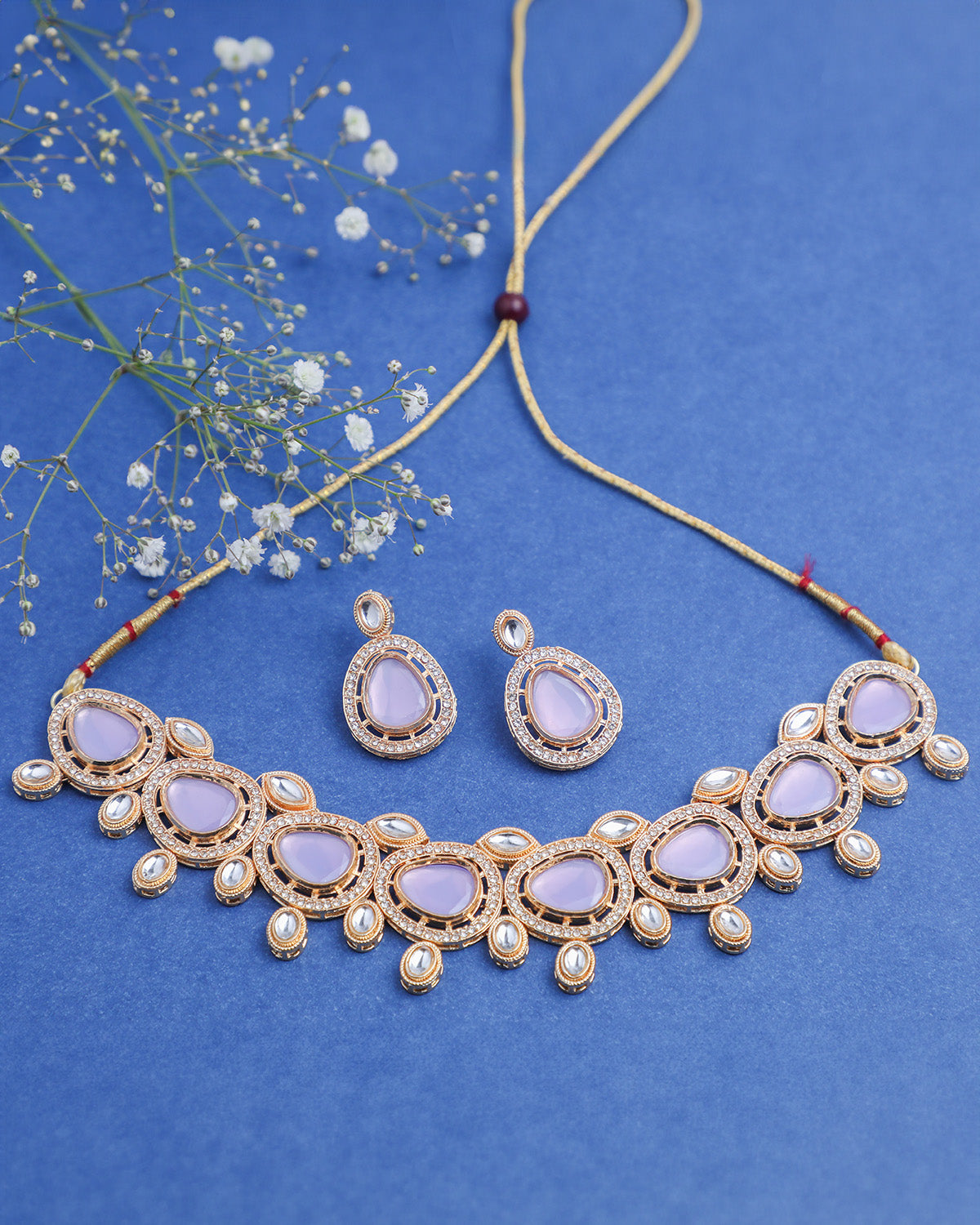 Women's Gold Plated Leavender Color Stone Kundan Studded Choker Jewellery Set - Voj