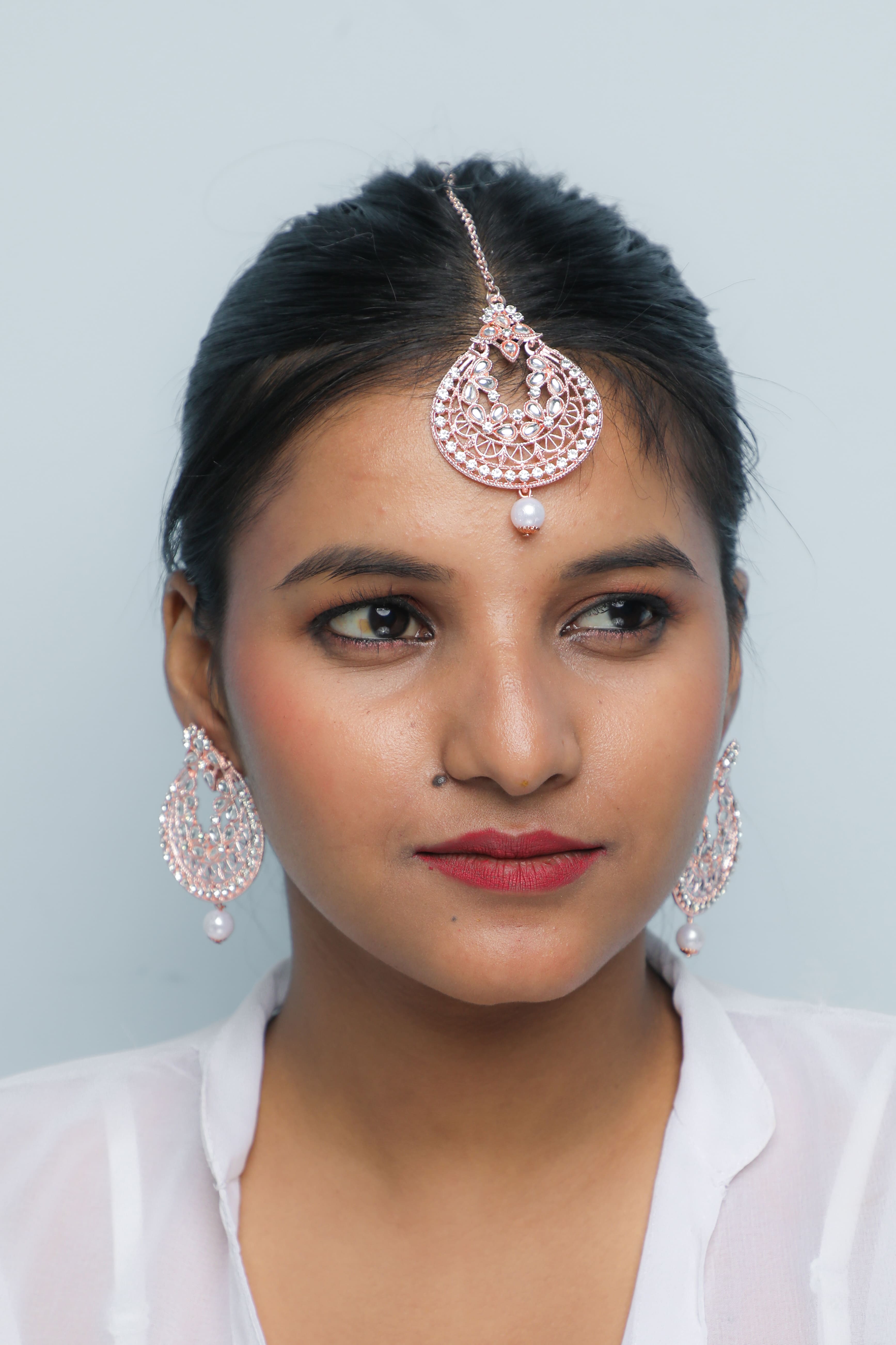 Women's Gold Plated With White Pearl And Stone Studded Earring With Mang Tikka Set