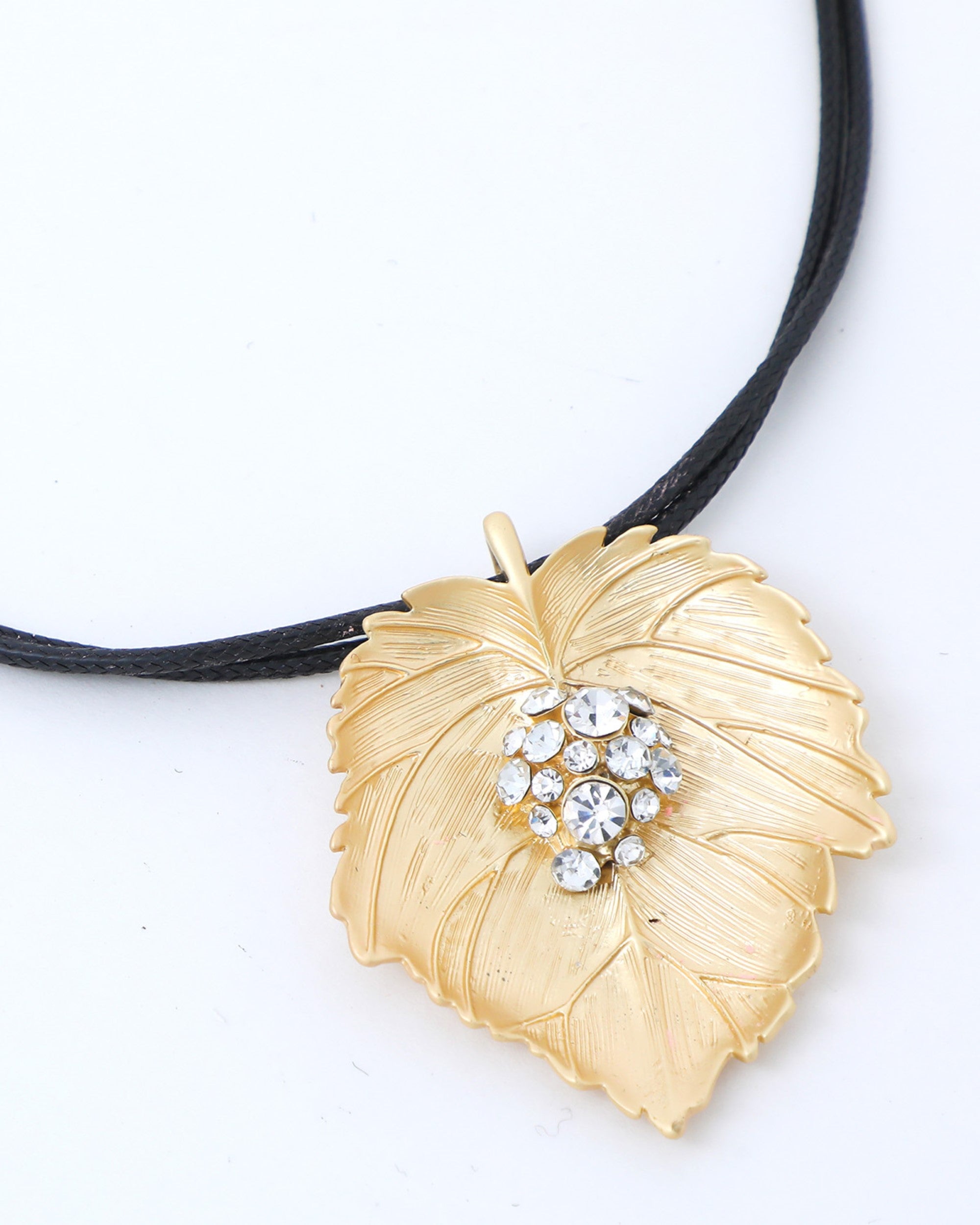 Women's Leaf Shaped Gold Pandent With Black Necklace  - Voj