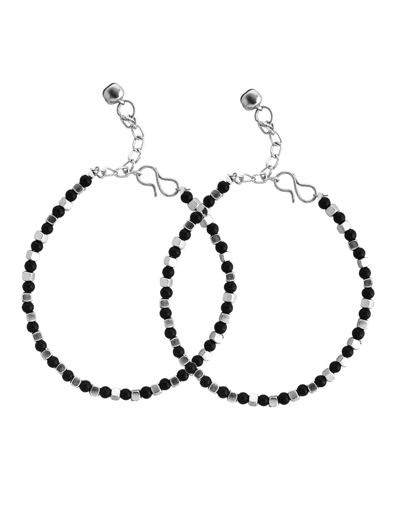 Women's Set Of 2 Artifical Beaded Silver & Black Anklet