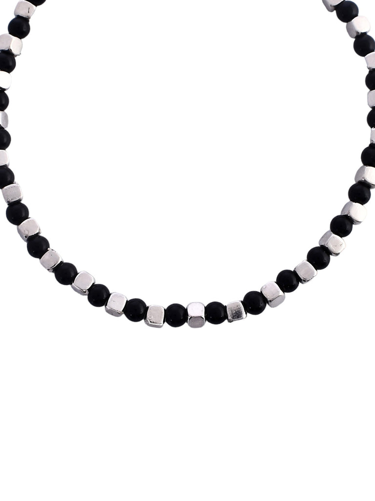 Women's Set Of 2 Artifical Beaded Silver & Black Anklet