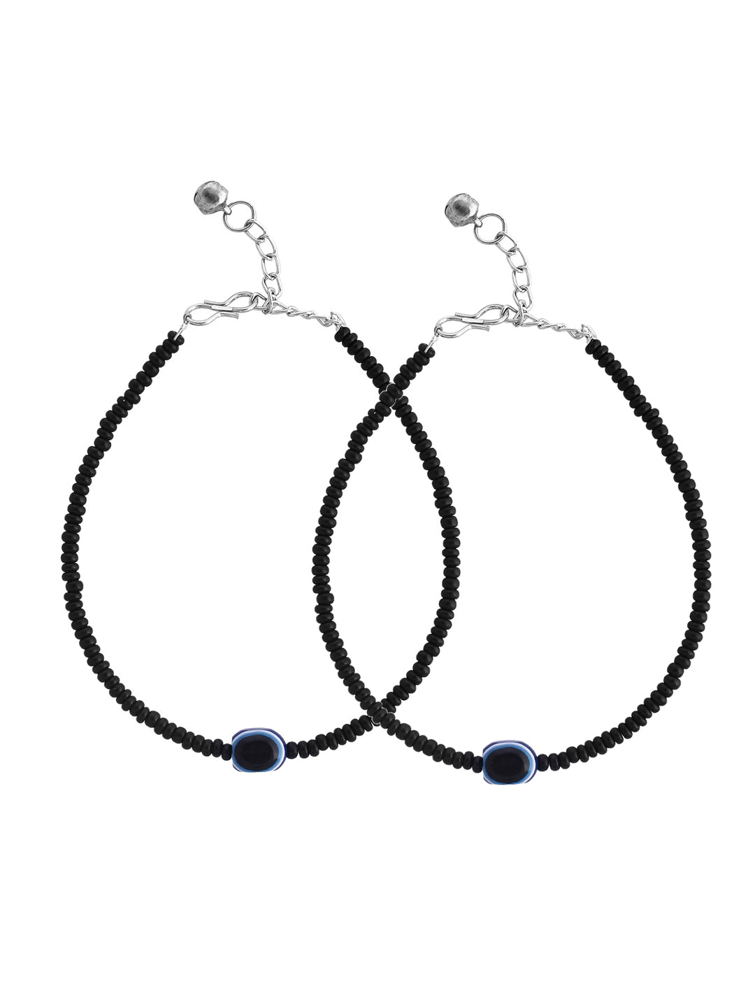 Women's Set Of 2 Evil Eye Black Beaded Anklet