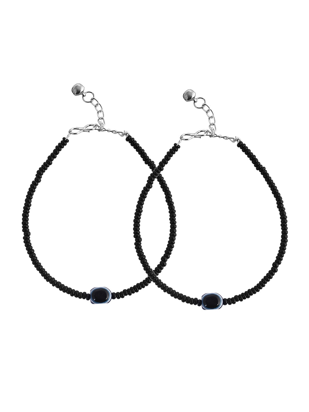 Women's Set Of 2 Evil Eye Black Beaded Anklet