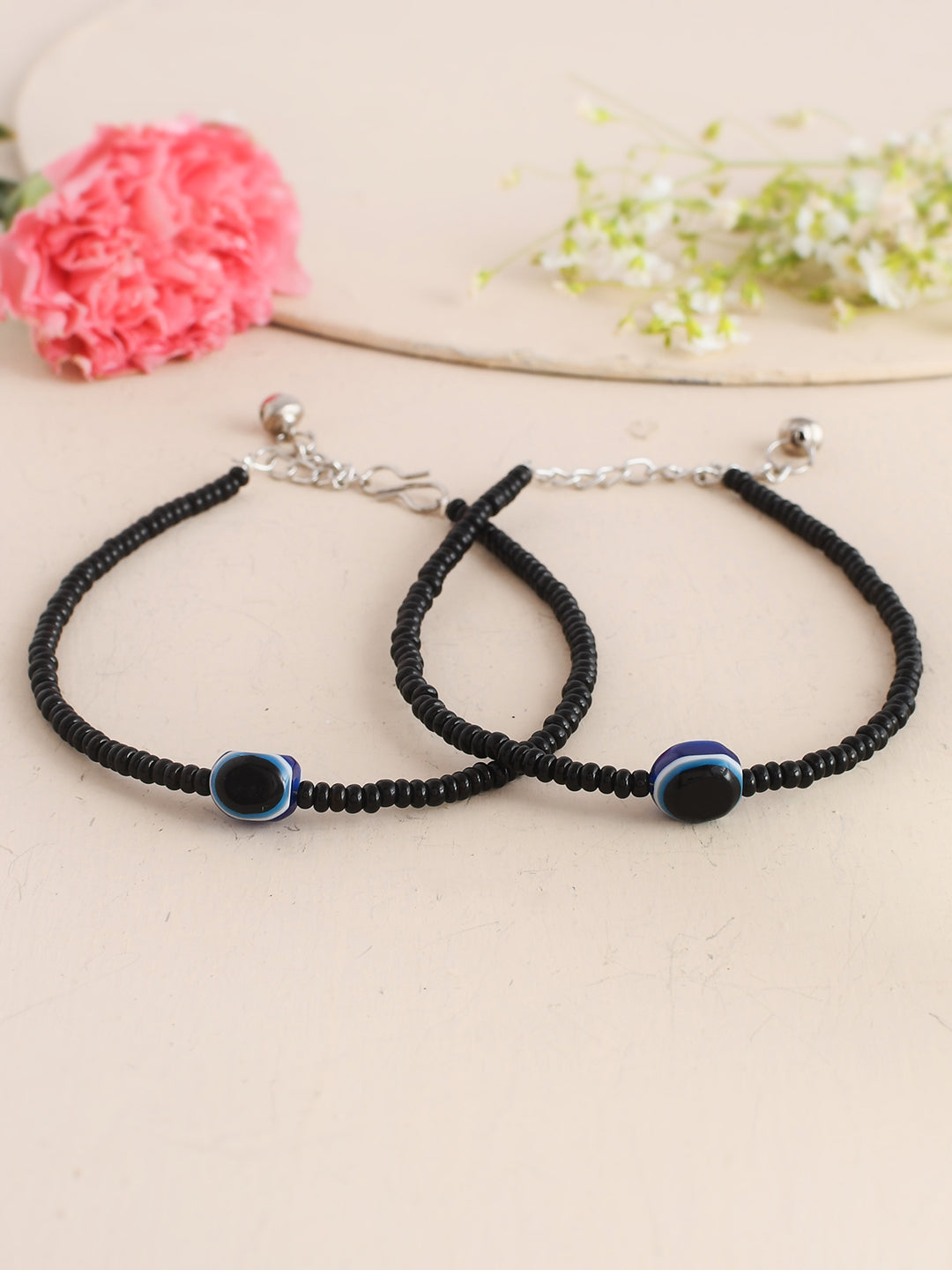 Women's Set Of 2 Evil Eye Black Beaded Anklet