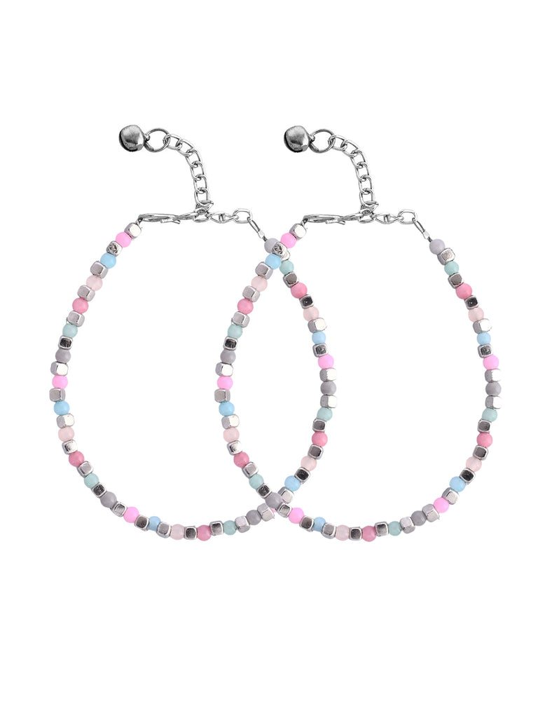 Women's Set Of 2 Silver And Multi Color Beaded Anklet