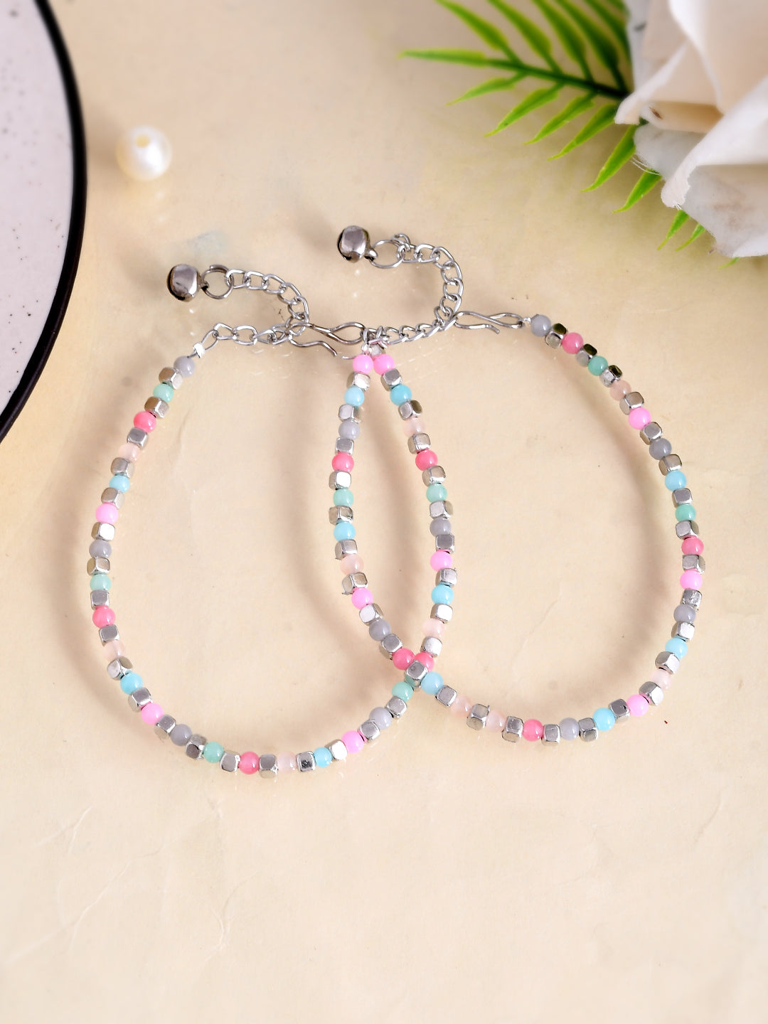 Women's Set Of 2 Silver And Multi Color Beaded Anklet - Voj