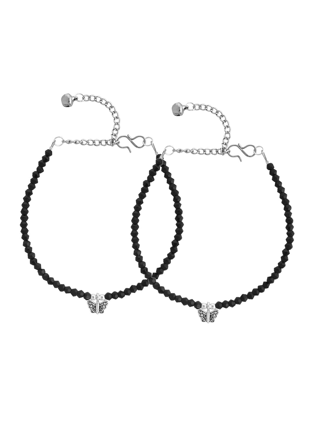 Women's Set Of 2 Black Beaded Butterfly Anklet
