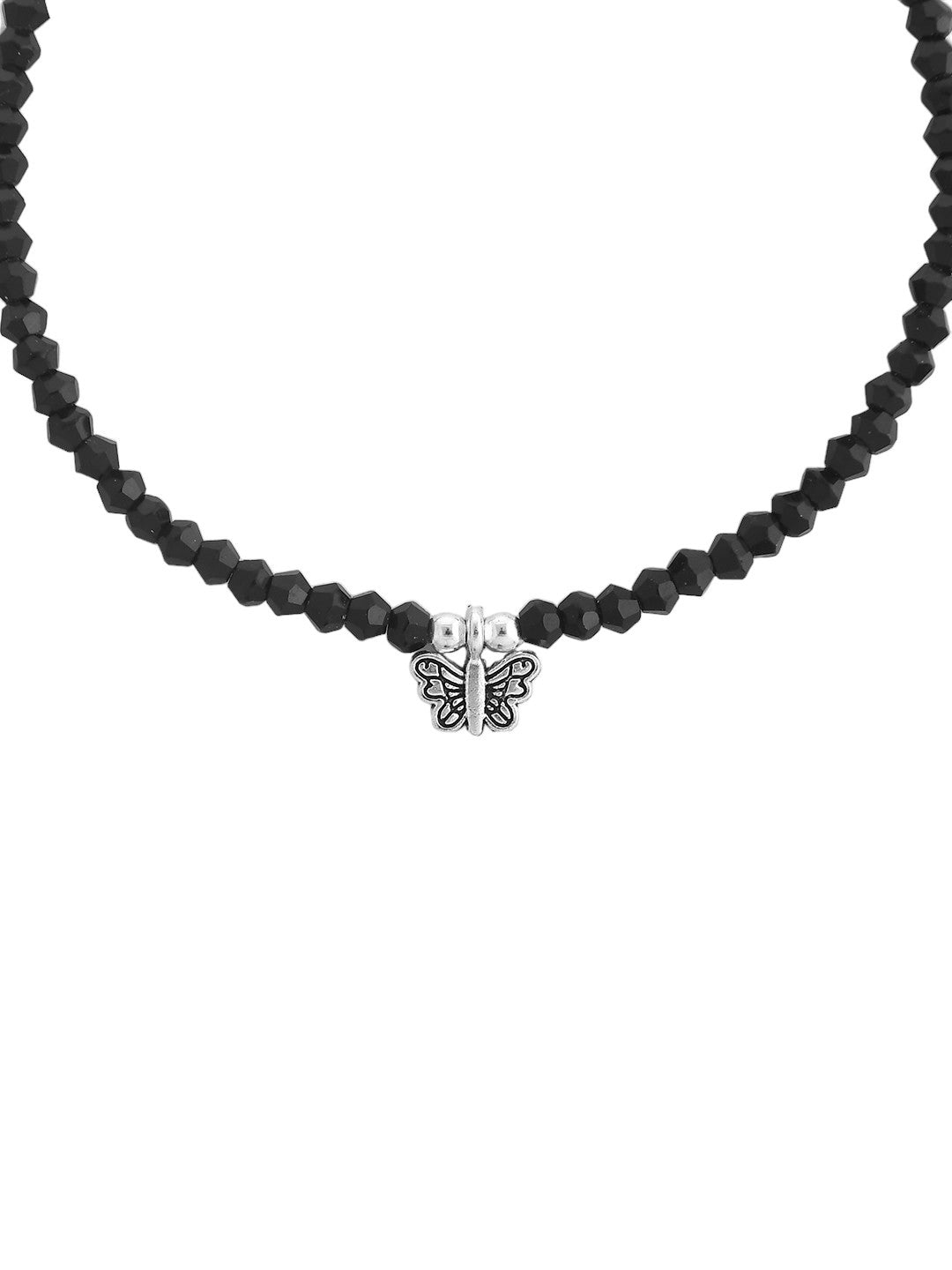 Women's Set Of 2 Black Beaded Butterfly Anklet