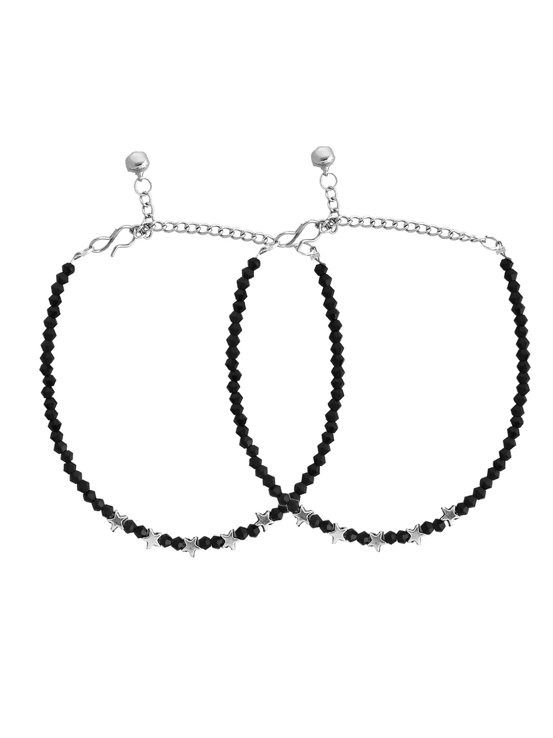 Women's Set Of 2 Black Beaded Silver Star Anklet