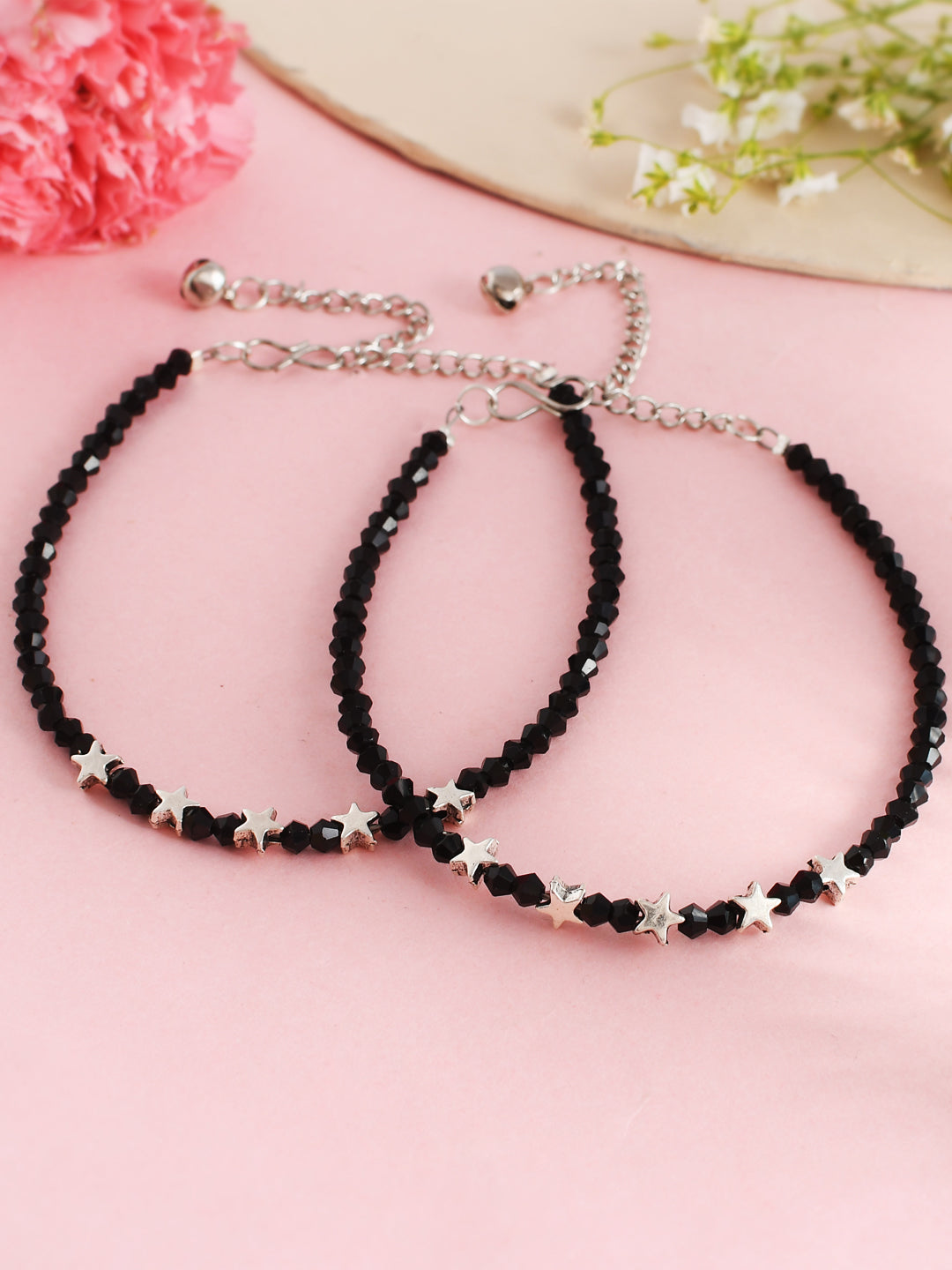 Women's Set Of 2 Black Beaded Silver Star Anklet