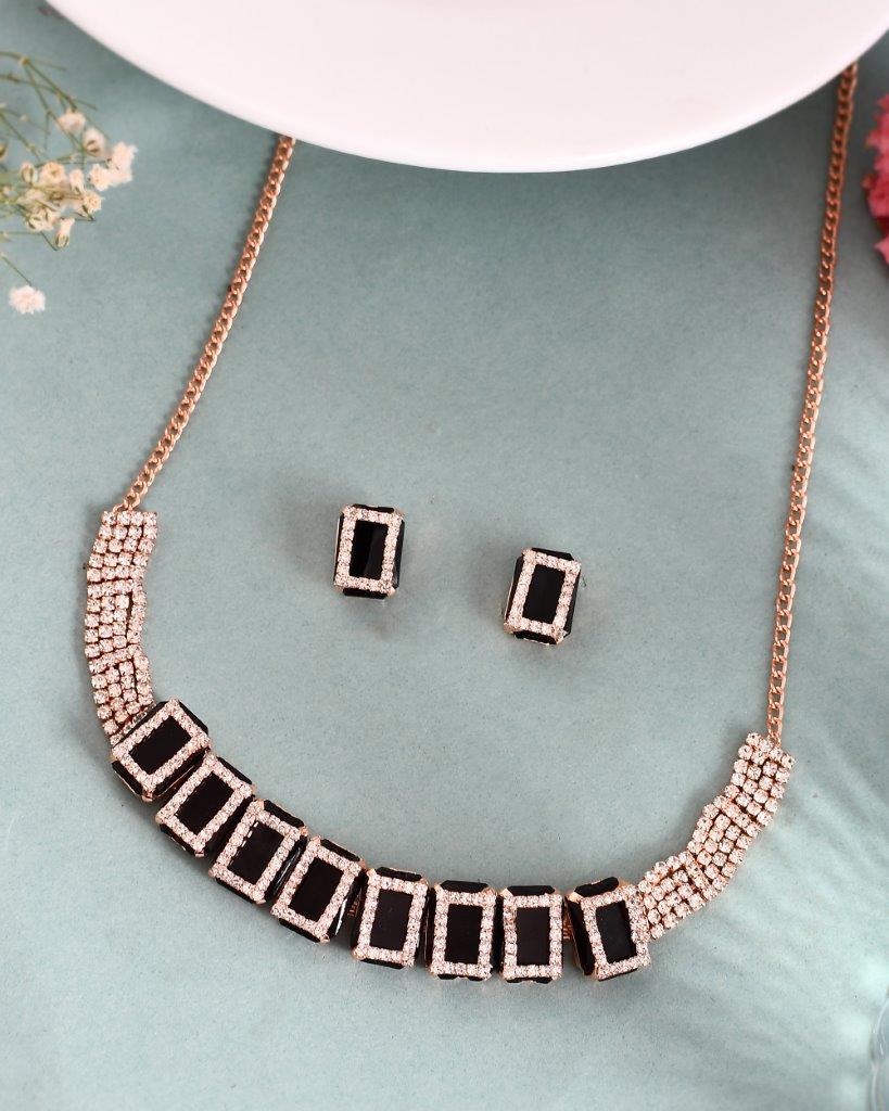 Women's Rose Gold Plated American Diamond Black Cubic Studded Jewellery Set