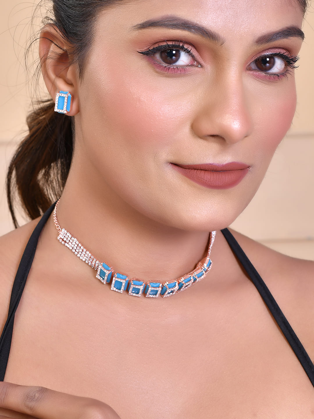 Women's Rose Gold Plated American Diamond Blue Cubic Studded Jewellery Set