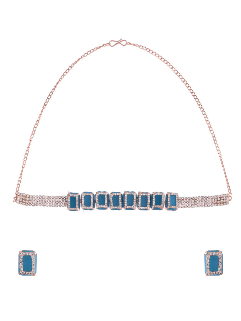 Women's Rose Gold Plated American Diamond Blue Cubic Studded Jewellery Set