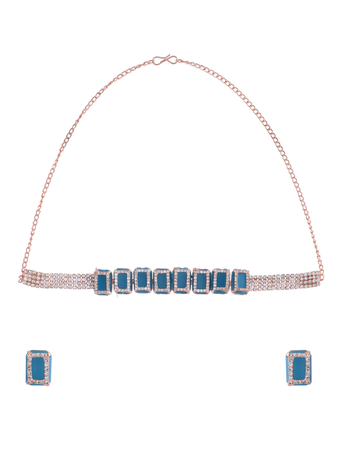 Women's Rose Gold Plated American Diamond Blue Cubic Studded Jewellery Set
