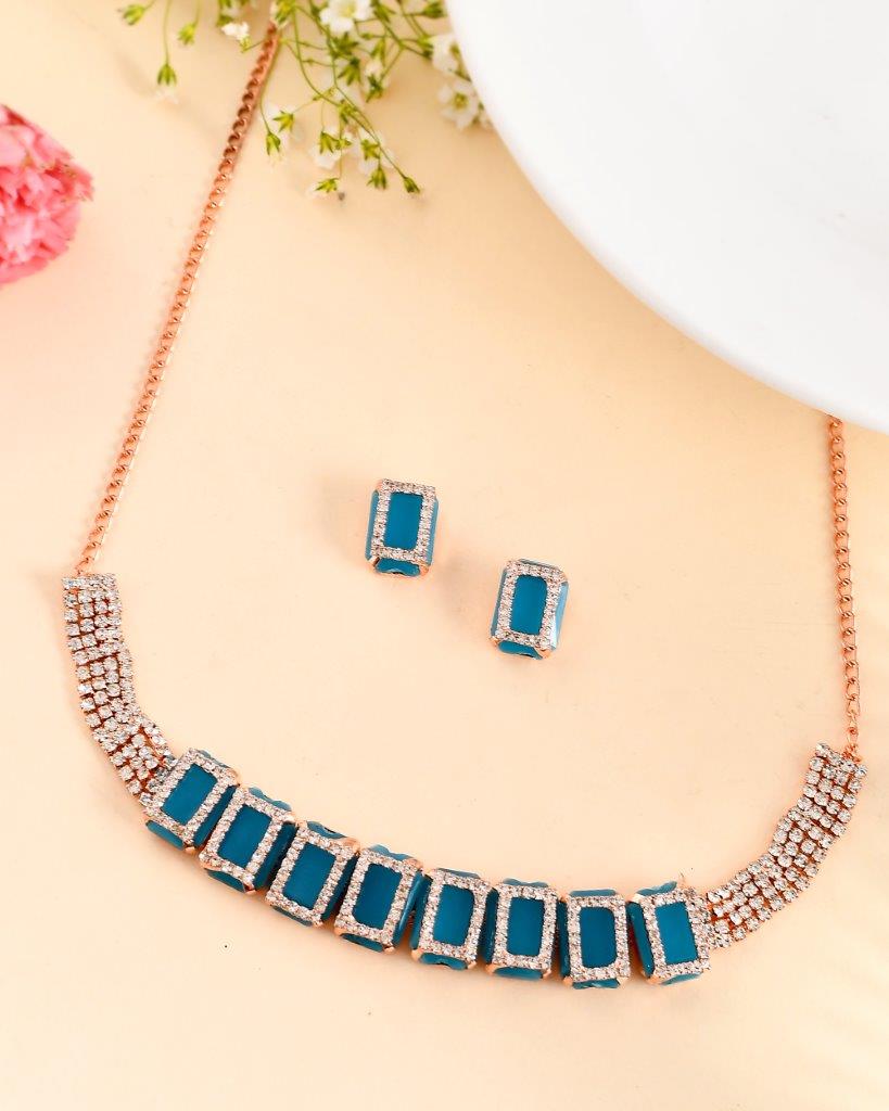 Women's Rose Gold Plated American Diamond Blue Cubic Studded Jewellery Set