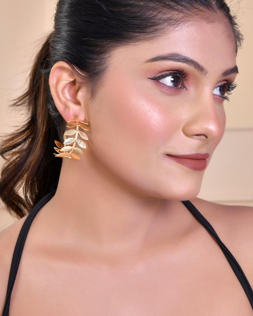 Women's 1 Gram Gold Plated Leaf Shaped Hoop Earrings