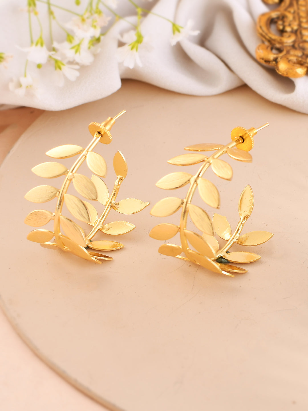 Women's 1 Gram Gold Plated Leaf Shaped Hoop Earrings - Voj