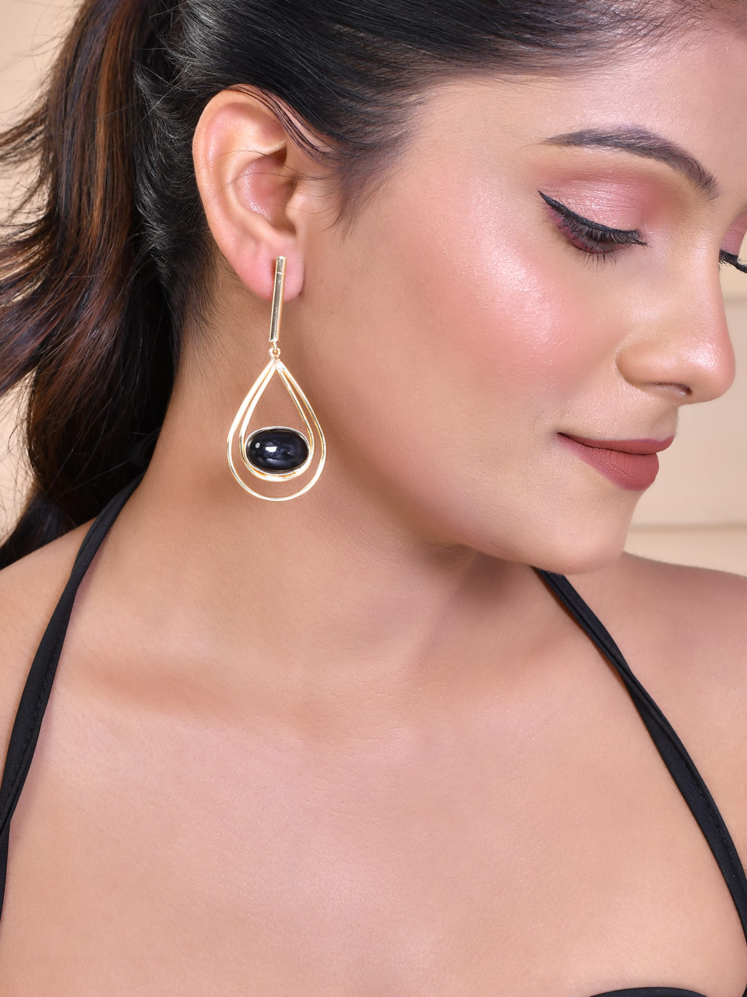 Women's 1 Gram Gold Plated Black Stone Studded Handcrafted Drop Earrings