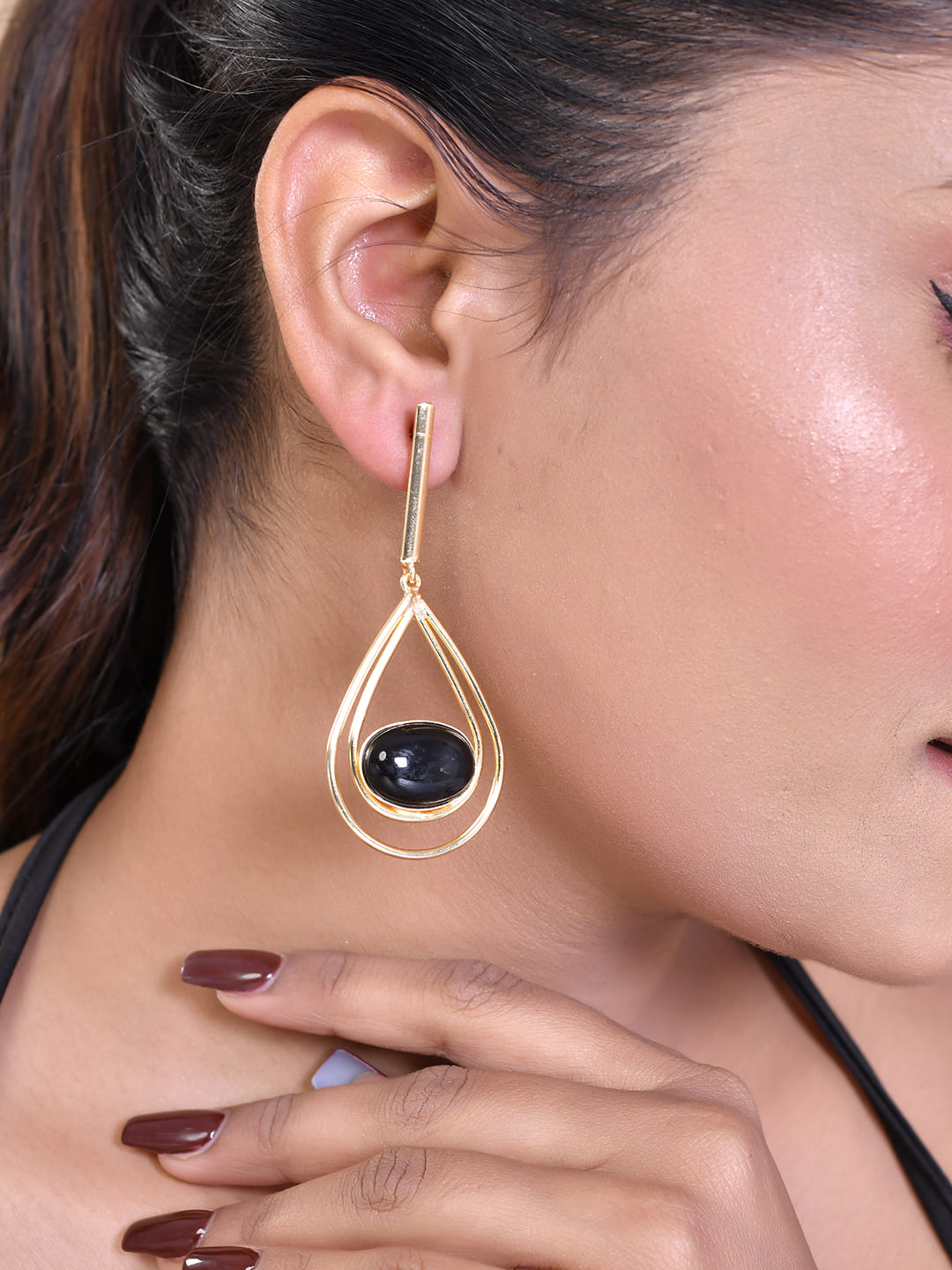 Women's 1 Gram Gold Plated Black Stone Studded Handcrafted Drop Earrings