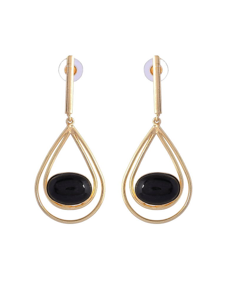 Women's 1 Gram Gold Plated Black Stone Studded Handcrafted Drop Earrings