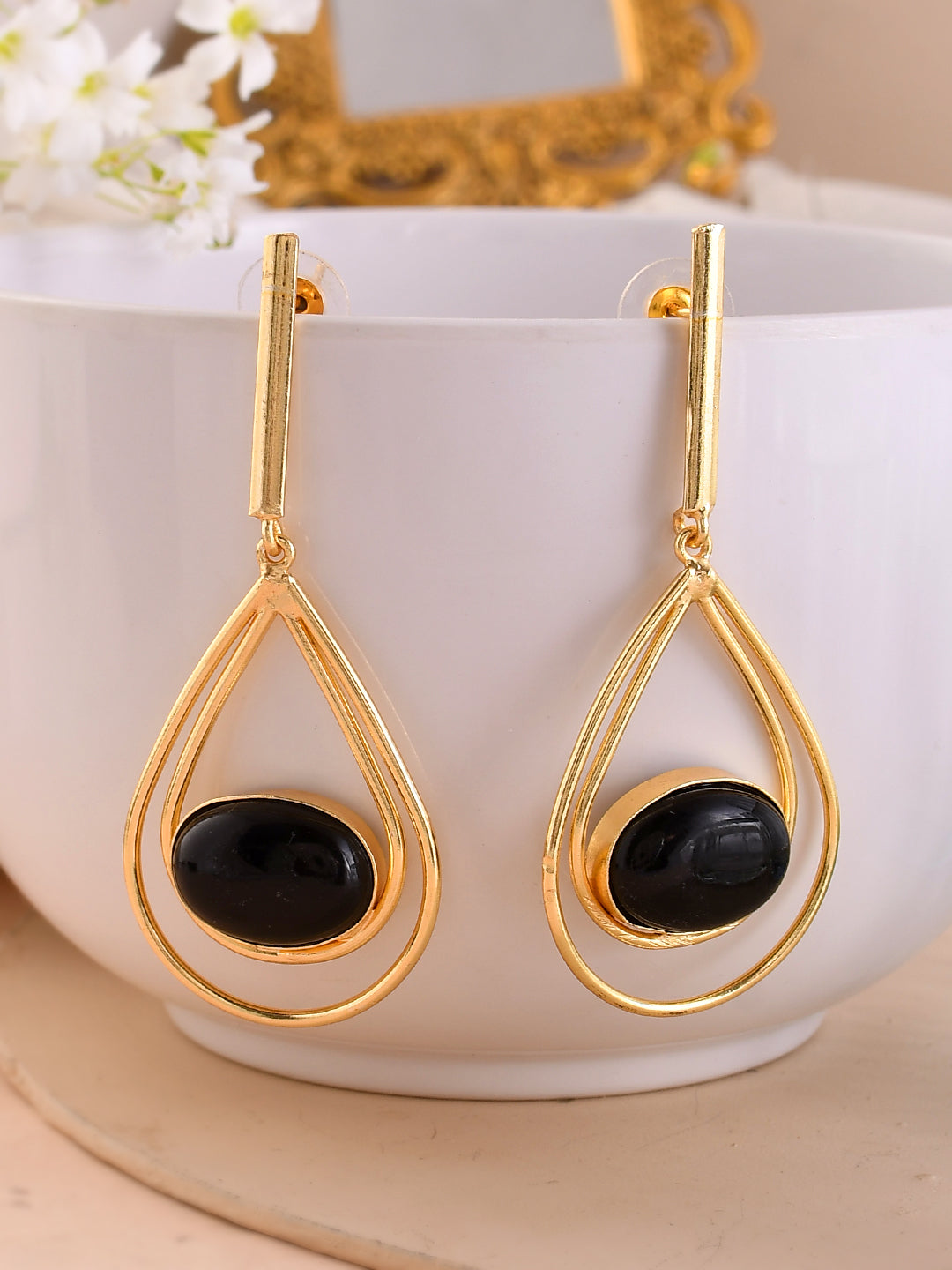 Women's 1 Gram Gold Plated Black Stone Studded Handcrafted Drop Earrings
