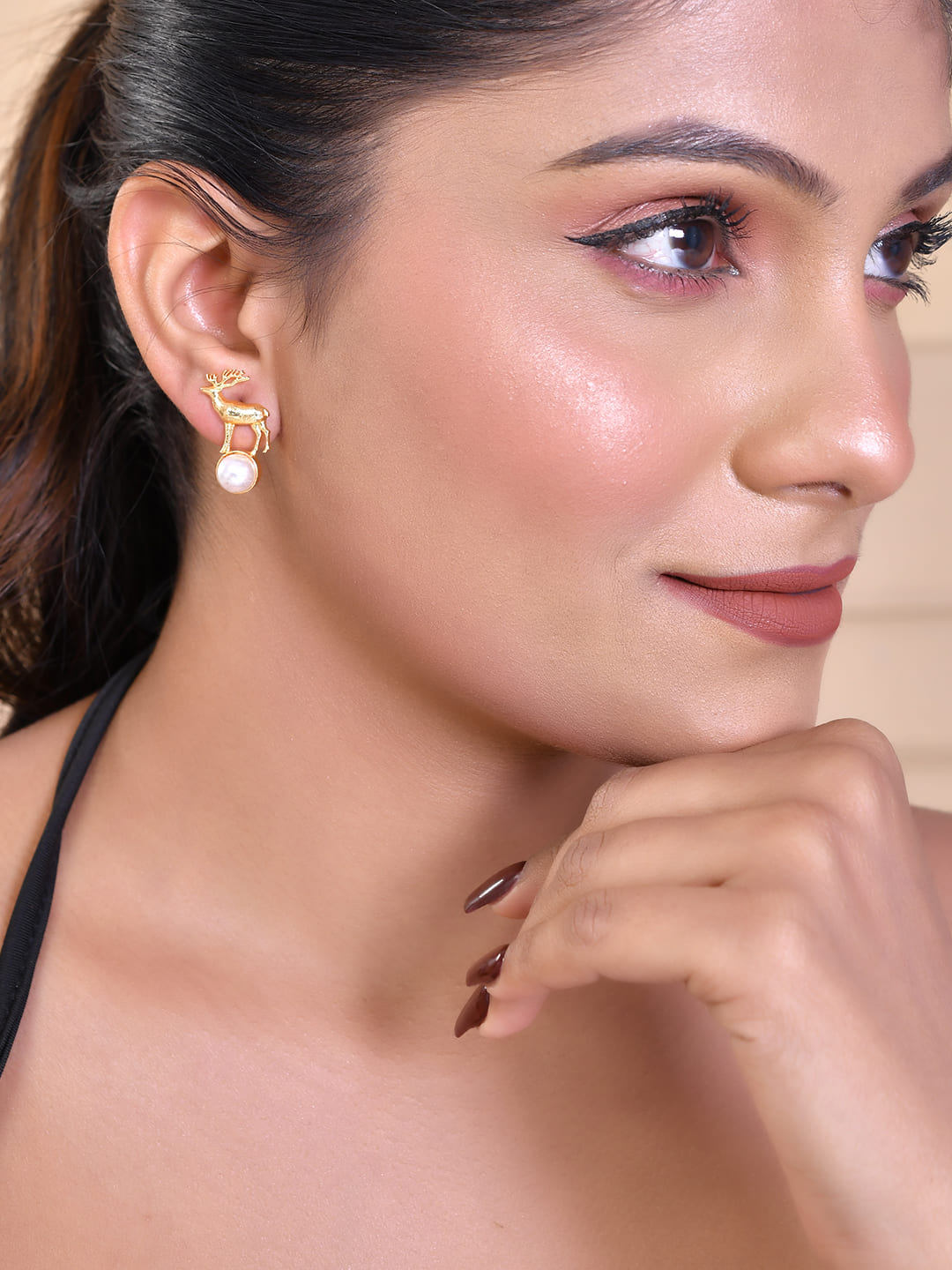 Women's One Gram Gold Plated Animal Shaped Deer Studs Earrings