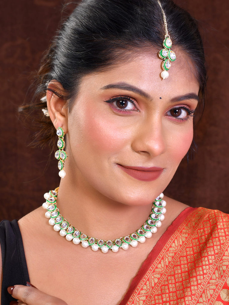 Women's White Pearl Kundan Necklace And Earring With Manag Tikka Jewellery Set