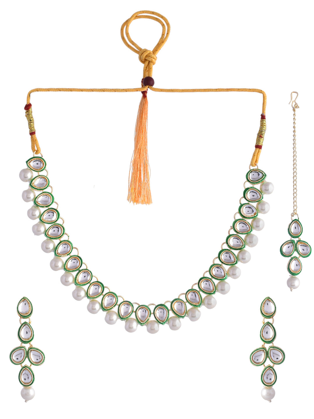 Women's White Pearl Kundan Necklace And Earring With Manag Tikka Jewellery Set