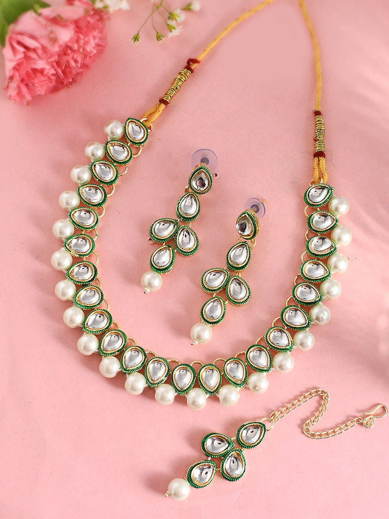 Women's White Pearl Kundan Necklace And Earring With Manag Tikka Jewellery Set