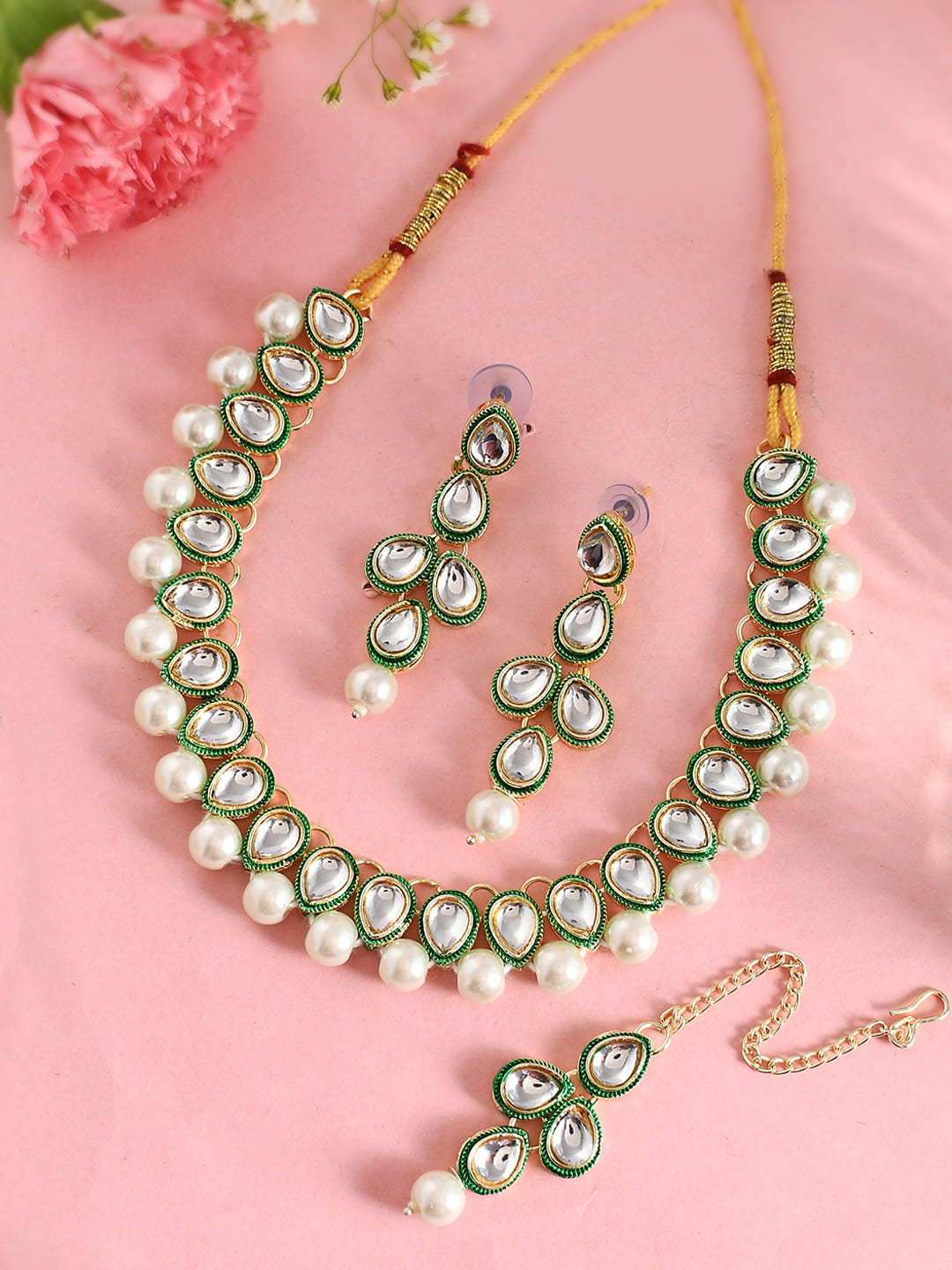 Women's White Pearl Kundan Necklace And Earring With Manag Tikka Jewellery Set