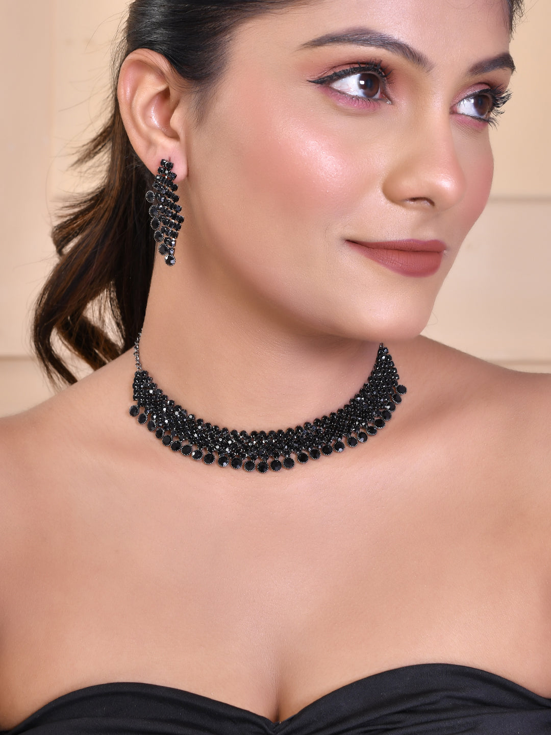 Women's Black American Diamond Chokar Jewellery Set With Earrings