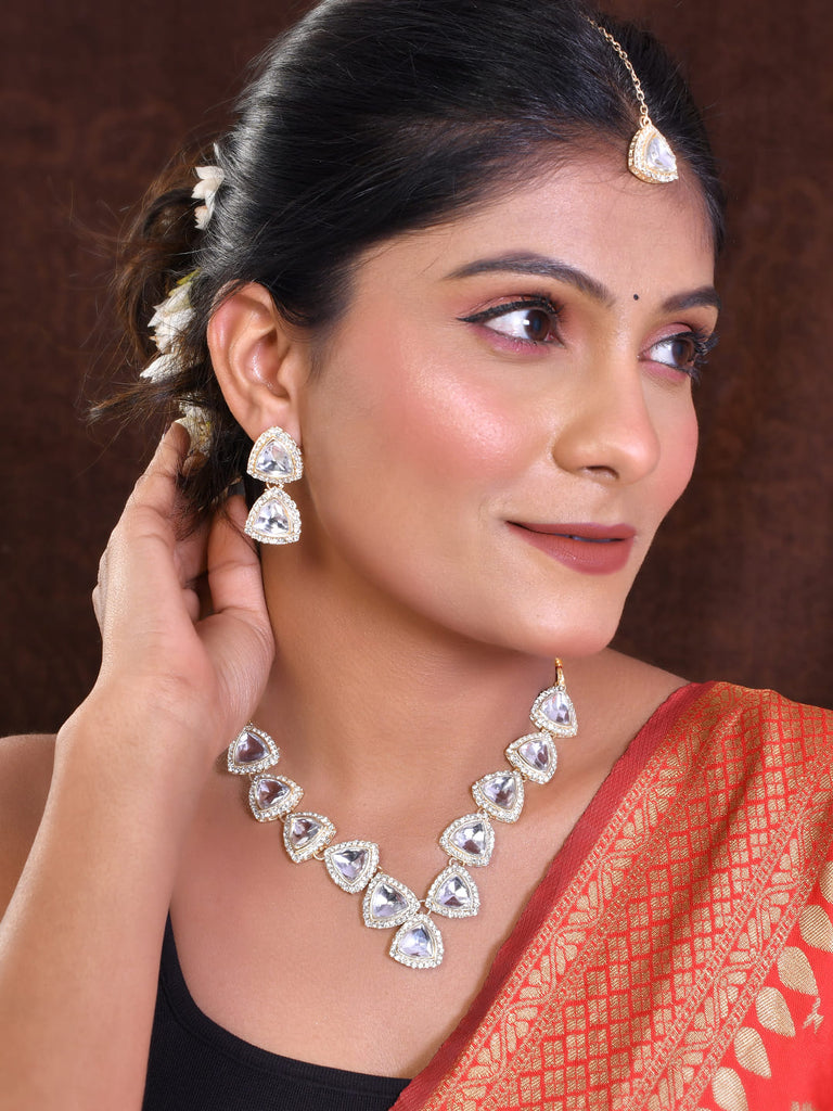 Women's Silver Plated White Polki Kundan Studded Handcrafted Choker Set With Manag Tikka