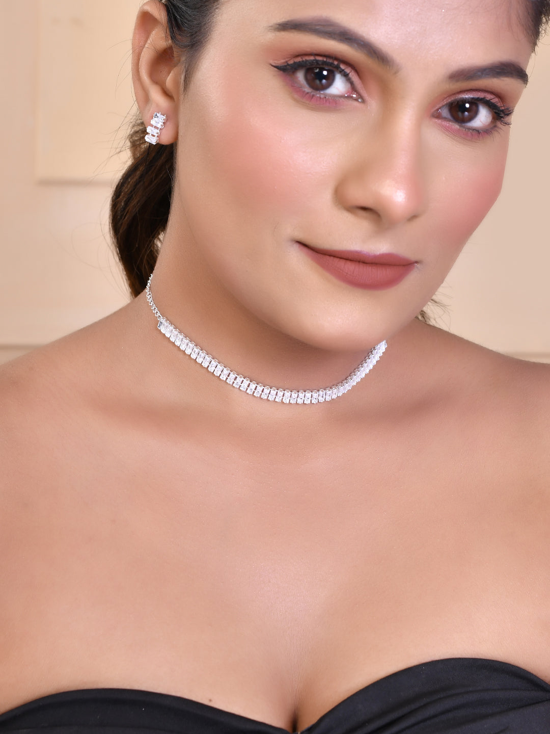 Women's Silver Plated White Cubical Beads  Choker Set With Earrings  - Voj