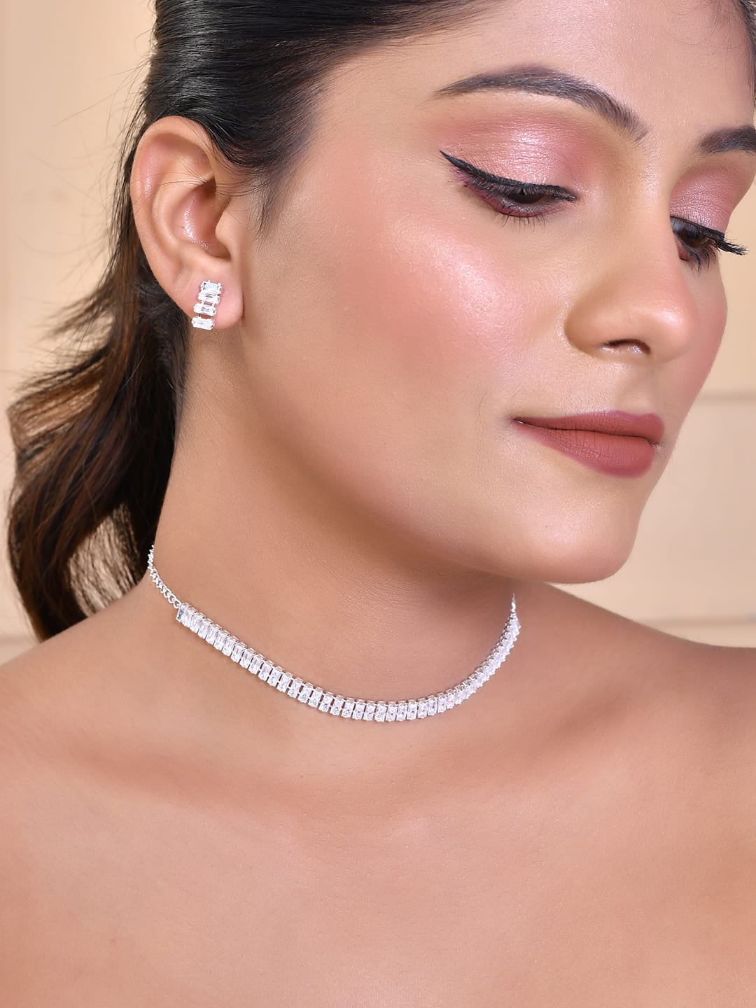 Women's Silver Plated White Cubical Beads  Choker Set With Earrings  - Voj
