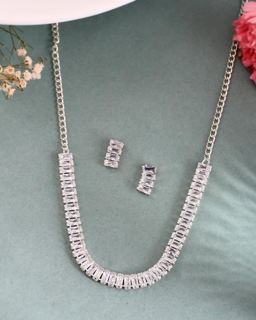 Women's Silver Plated White Cubical Beads  Choker Set With Earrings