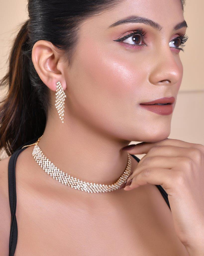 Women's Gold Plated Amarican Diamond Handcrafted Choker With Earrings Set